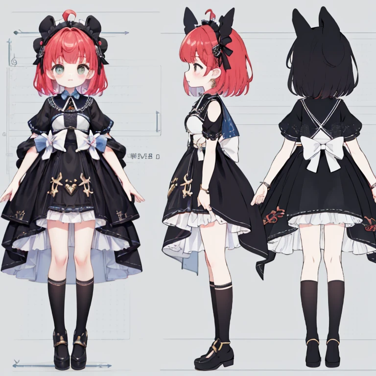 Chara Sheet,character reference sheet, 1 girl, CharacterDesignSheet, ((front-facing view, from side view)) symmetrical elements in clothing, Clothes simulation detection similar to CLO, Awesome designer, full body Esbian,8K分辨率, Ultra HD image output,angelicales,Red-haired,sano,Watercolor style,Black goth loli,Black headdress