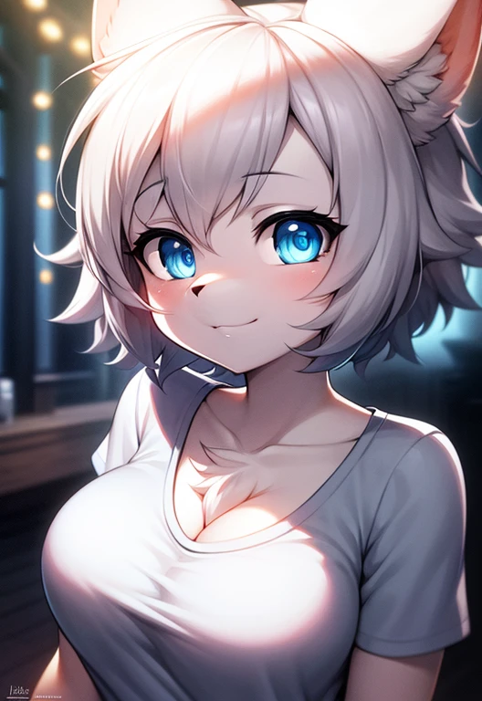 hairy, White fur, hyper cute face, Blue eyes, Short hair, medium breasts, fur gray elements, bright t-shirt, Beautiful lights and shadows, ambient lights, ultra-detailed hair, Volumetric Lights