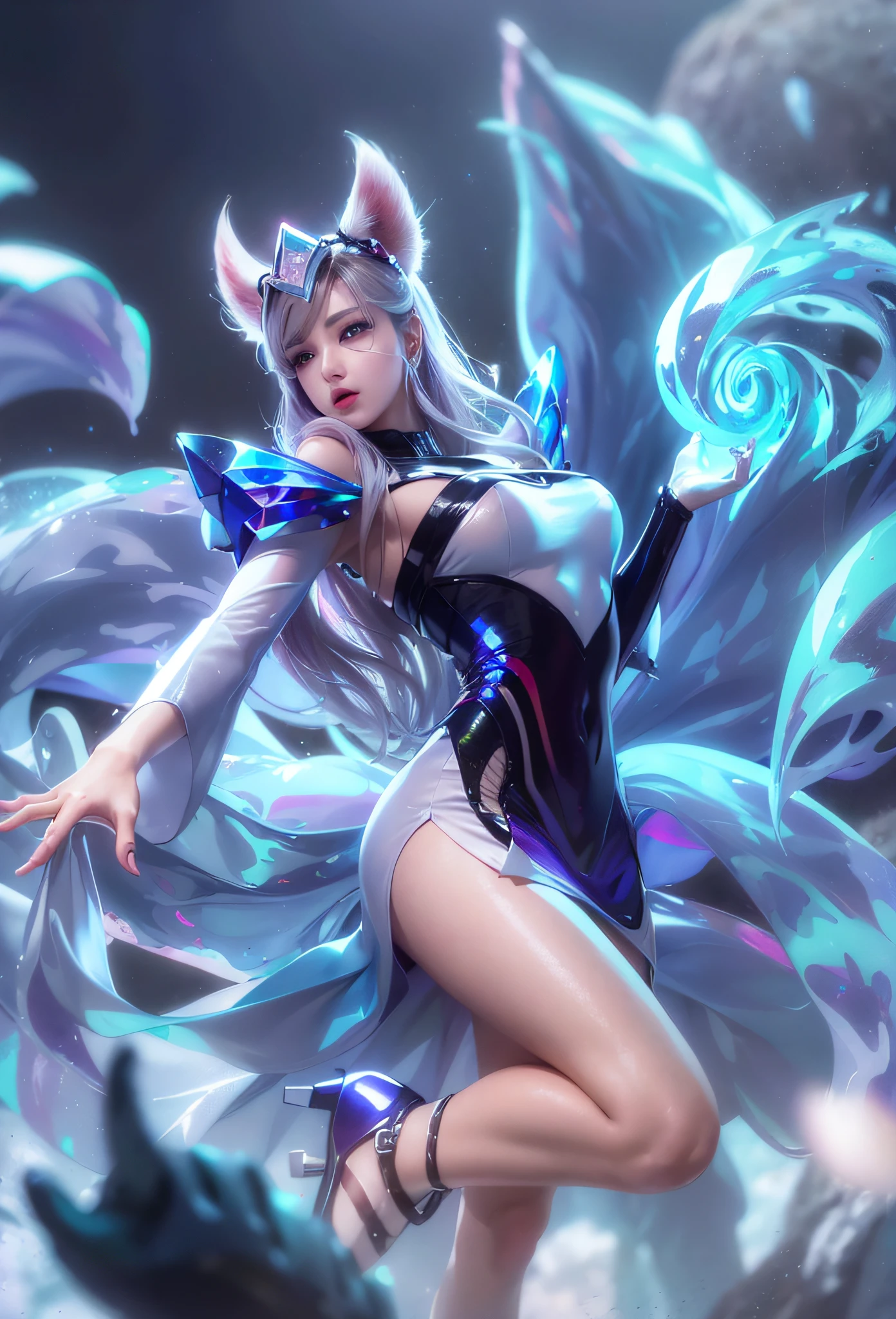 Superb image quality, 8k, masterpiece: 1.3, 1girl, super detailed, inspired by League of Legends' Fox, cyberpunk city by night, gray metallic armor, silver hair, silver fox tail