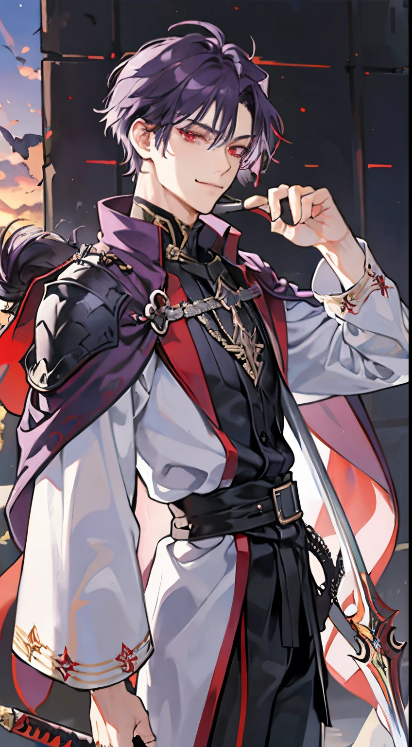 A man, solo, tample background, cloak, sword in waist, purple hair, red eyes, badass, smirk, gantle