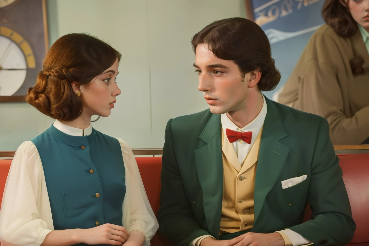 1965, Italy. Pre-raphaelite ((((20-year-old)) young rascal man)), celebrity, famous actor, in an airport, talking with a ((young 10-year-old girl)), upset, teary eyes, ((((Clothing from the 1960s)))), ((Hairstyle of the 1960s)), ((Wes Anderson cinematic style)), colorful