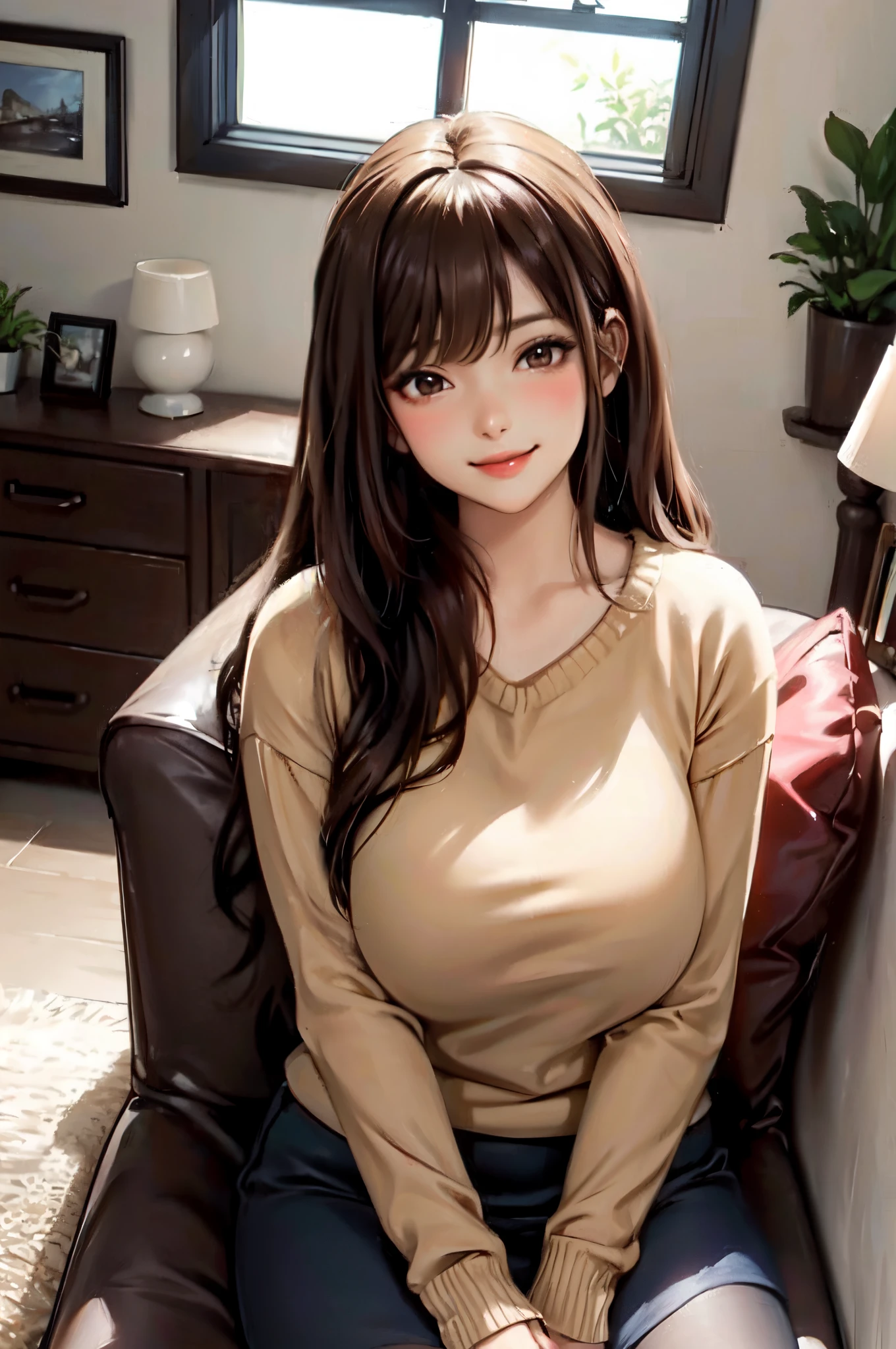 1lady standing, /(oversized sweater/) v-neck, mature female, /(brown hair/) bangs, blush kind smile, (masterpiece best quality:1.2) delicate illustration ultra-detailed, large breasts pantyhose BREAK /(modern house living room/) indoors