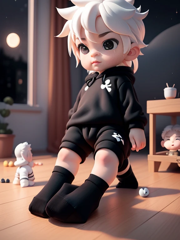 1 chubby Little boys with White hair and shiny black eyes and barefoot wearing a black hoodie, wearing a black watch, playing a game, and oversized sweatpants stand on a floor, young, boy, child,big toddler, sparkles falling from sky, night, dark, soft light, (sweatpants:1.4), (Boy:1.4), (Shota:1.4), (Young:1.4), (black socks:1.6),