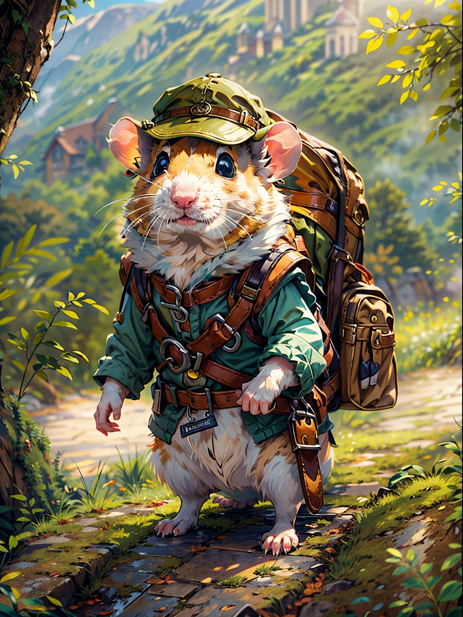(best quality,4k,8k,highres,masterpiece:1.2),ultra-detailed,(realistic,photorealistic,photo-realistic:1.37),hamster dressed as an adventurer,Europe style adventurer,brave and curious hamster,furry animal with a sense of adventure,small and fluffy explorer,fearless and determined little creature,mischievous and cute adventurer,sporting a mini hat and cape,a tiny backpack filled with exploration essentials,paws wrapped in tiny boots with buckles,goggles on the eyes for extra adventurer style,wielding a mini sword or a walking stick for added charm,standing against a backdrop of diverse European scenery,medieval castles towering in the background,lush green forests with winding paths and hidden treasures,rolling hills and picturesque valleys stretching into the distance,medieval villages bustling with activity,a sense of history and mystery in the air,the hamster's eyes filled with curiosity and wonder,seeking new discoveries and hidden wonders,colors of the painting reminiscent of vintage European postcards,warm and rich color palette for a cozy and inviting atmosphere,enchanting rays of sunlight casting a golden glow on the surroundings,dappled sunlight filtering through the trees,capturing the magic of an enchanted European adventure.