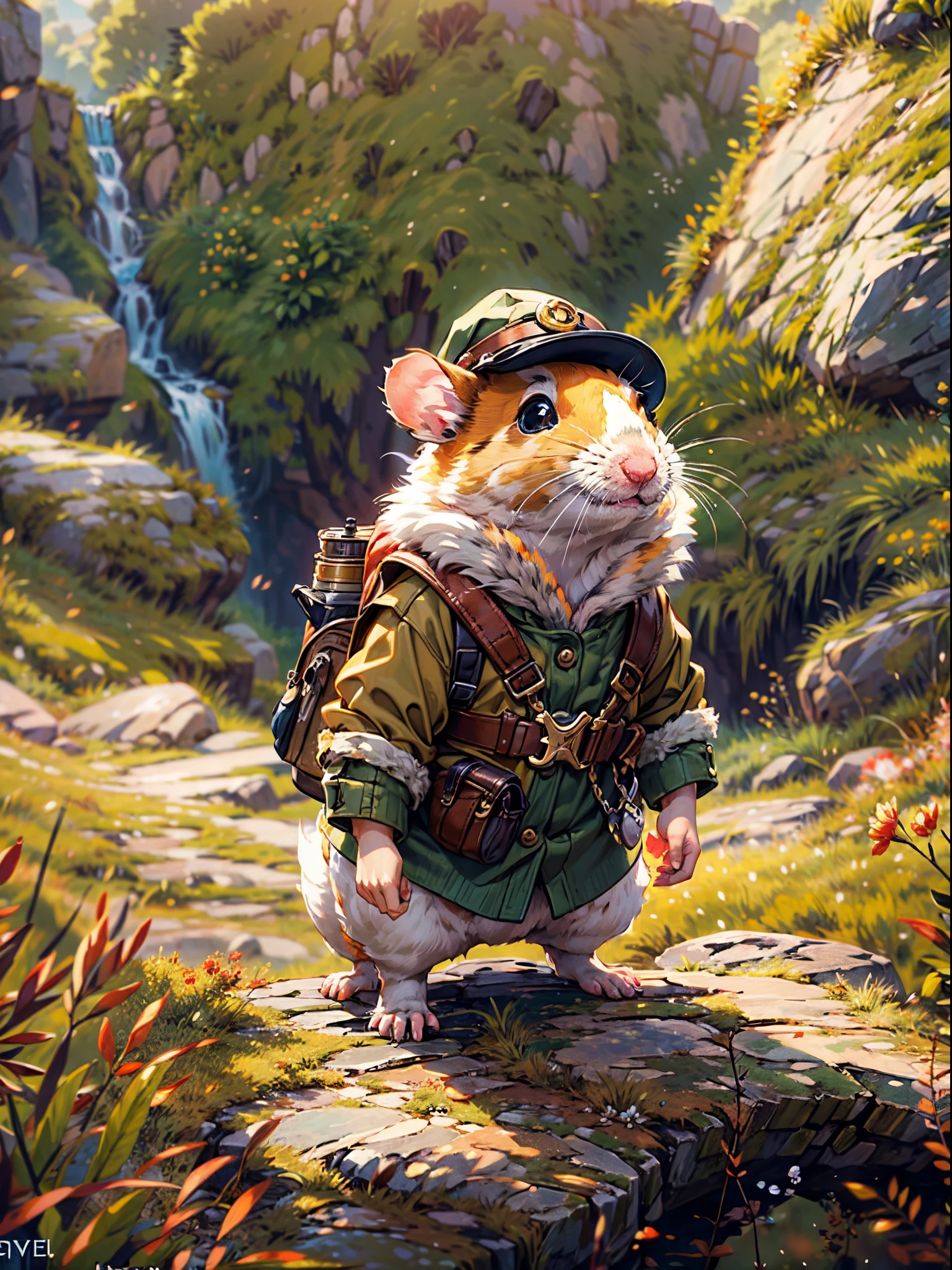 (best quality,4k,8k,highres,masterpiece:1.2),ultra-detailed,(realistic,photorealistic,photo-realistic:1.37),hamster dressed as an adventurer,Europe style adventurer,brave and curious hamster,furry animal with a sense of adventure,small and fluffy explorer,fearless and determined little creature,mischievous and cute adventurer,sporting a mini hat and cape,a tiny backpack filled with exploration essentials,paws wrapped in tiny boots with buckles,goggles on the eyes for extra adventurer style,wielding a mini sword or a walking stick for added charm,standing against a backdrop of diverse European scenery,medieval castles towering in the background,lush green forests with winding paths and hidden treasures,rolling hills and picturesque valleys stretching into the distance,medieval villages bustling with activity,a sense of history and mystery in the air,the hamster's eyes filled with curiosity and wonder,seeking new discoveries and hidden wonders,colors of the painting reminiscent of vintage European postcards,warm and rich color palette for a cozy and inviting atmosphere,enchanting rays of sunlight casting a golden glow on the surroundings,dappled sunlight filtering through the trees,capturing the magic of an enchanted European adventure.