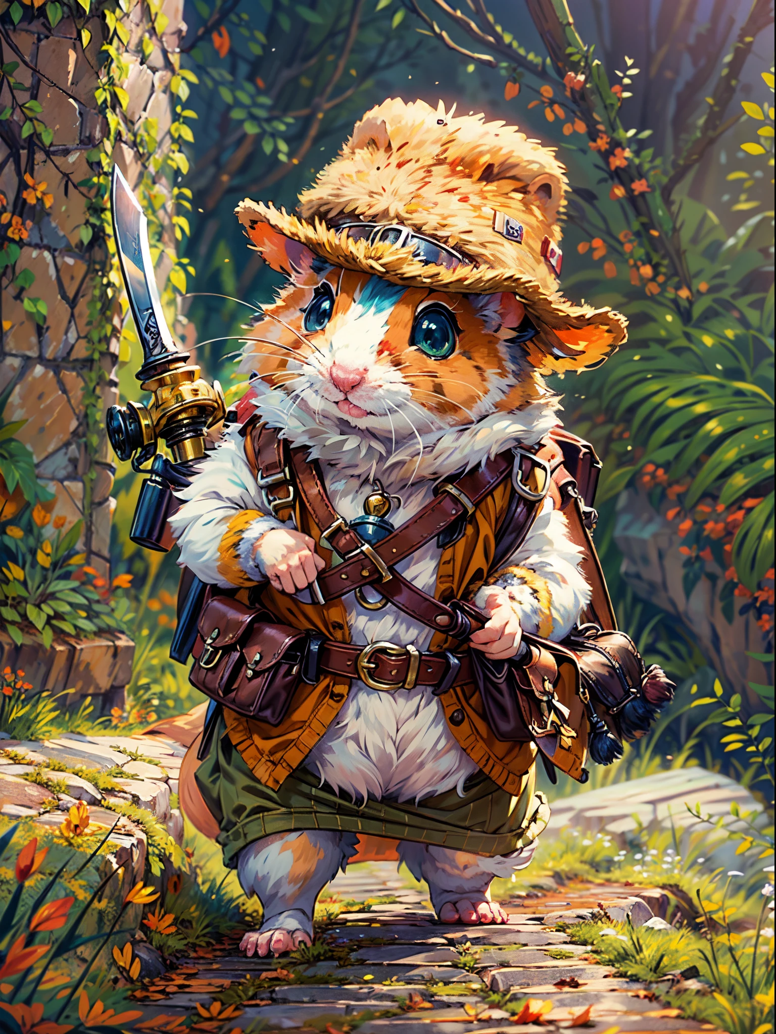 (best quality,4k,8k,highres,masterpiece:1.2),ultra-detailed,(realistic,photorealistic,photo-realistic:1.37),hamster dressed as an adventurer,Europe style adventurer,brave and curious hamster,furry animal with a sense of adventure,small and fluffy explorer,fearless and determined little creature,mischievous and cute adventurer,sporting a mini hat and cape,a tiny backpack filled with exploration essentials,paws wrapped in tiny boots with buckles,goggles on the eyes for extra adventurer style,wielding a mini sword or a walking stick for added charm,standing against a backdrop of diverse European scenery,medieval castles towering in the background,lush green forests with winding paths and hidden treasures,rolling hills and picturesque valleys stretching into the distance,medieval villages bustling with activity,a sense of history and mystery in the air,the hamster's eyes filled with curiosity and wonder,seeking new discoveries and hidden wonders,colors of the painting reminiscent of vintage European postcards,warm and rich color palette for a cozy and inviting atmosphere,enchanting rays of sunlight casting a golden glow on the surroundings,dappled sunlight filtering through the trees,capturing the magic of an enchanted European adventure.
