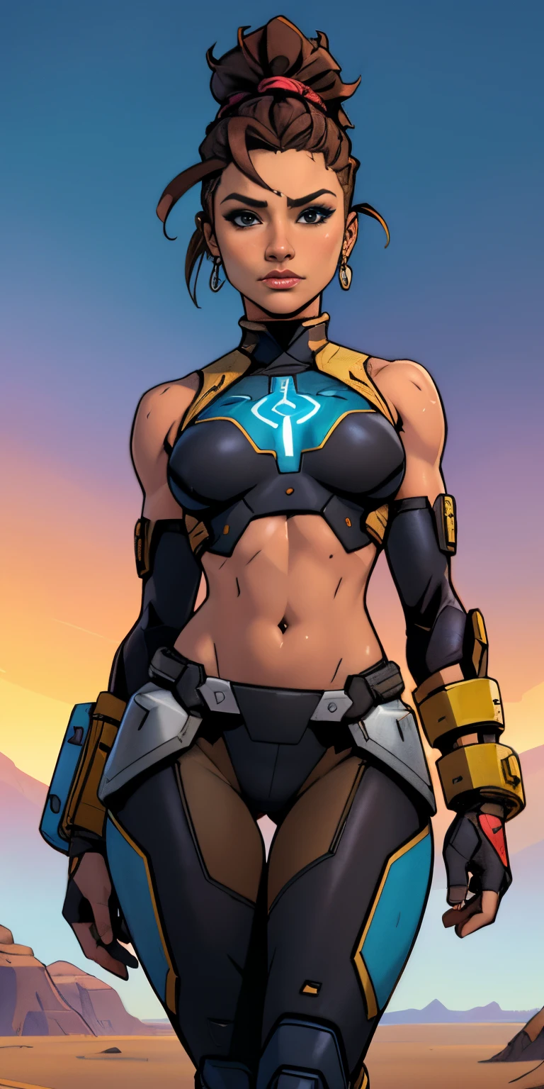 (((SCI-FI, pele escura, desenho de linha, aquarela, seios grandes, seios grandes))), arte de personagem HD, personagem mulher negra do jogo Borderlands, cabelo preto preso em um longo rabo de cavalo e ondulado com reflexos azuis, verde olhos, in dynamic style pose, pronta para enfrentar seus inimigos, behind her a futuristic desert, personagem NAKED do jogo Borderlands. Esta imagem de alta qualidade, renderizada em 8K Ultra HD, mostra detalhes intrincados da cena. obra-prima aprimorada digitalmente ou pintada com requinte, scientific fiction, fronteiras, postura ativa, estilo de quadrinhos