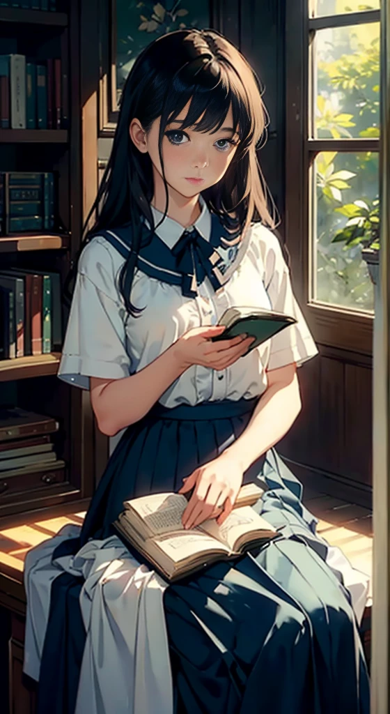 (Watercolor in Sargent style)、(top-quality、​masterpiece)、超A high resolution、high-detail、(David Hamilton Style)、(softfocus)、Cinema Angle、ciinematic light、Soft light、(British traditional public school)、1girl in、sixteen years old、A stunning、Short black hair、Bunching hair、((Detailed depiction of beautiful faces))、Crisp face、(detailed face depiction)、Detailed eyes、small tits、tiny chest、校服、(long  skirt)、Holding a book、at the library、Perfect hands、((Anatomically accurate depiction of hands and fingers))、((Describe the exact shape of the book))、beautiful setting、serene ambiance、Calm expression、Quiet moments、Vintage atmosphere、Immerse yourself in reading、bookworm、Thoughtful gaze、Classic elegance、A quiet retreat、Fascinating beauty、Sophisticated clothing、Majestic bookcase、Traditional atmosphere、Lush green environment、