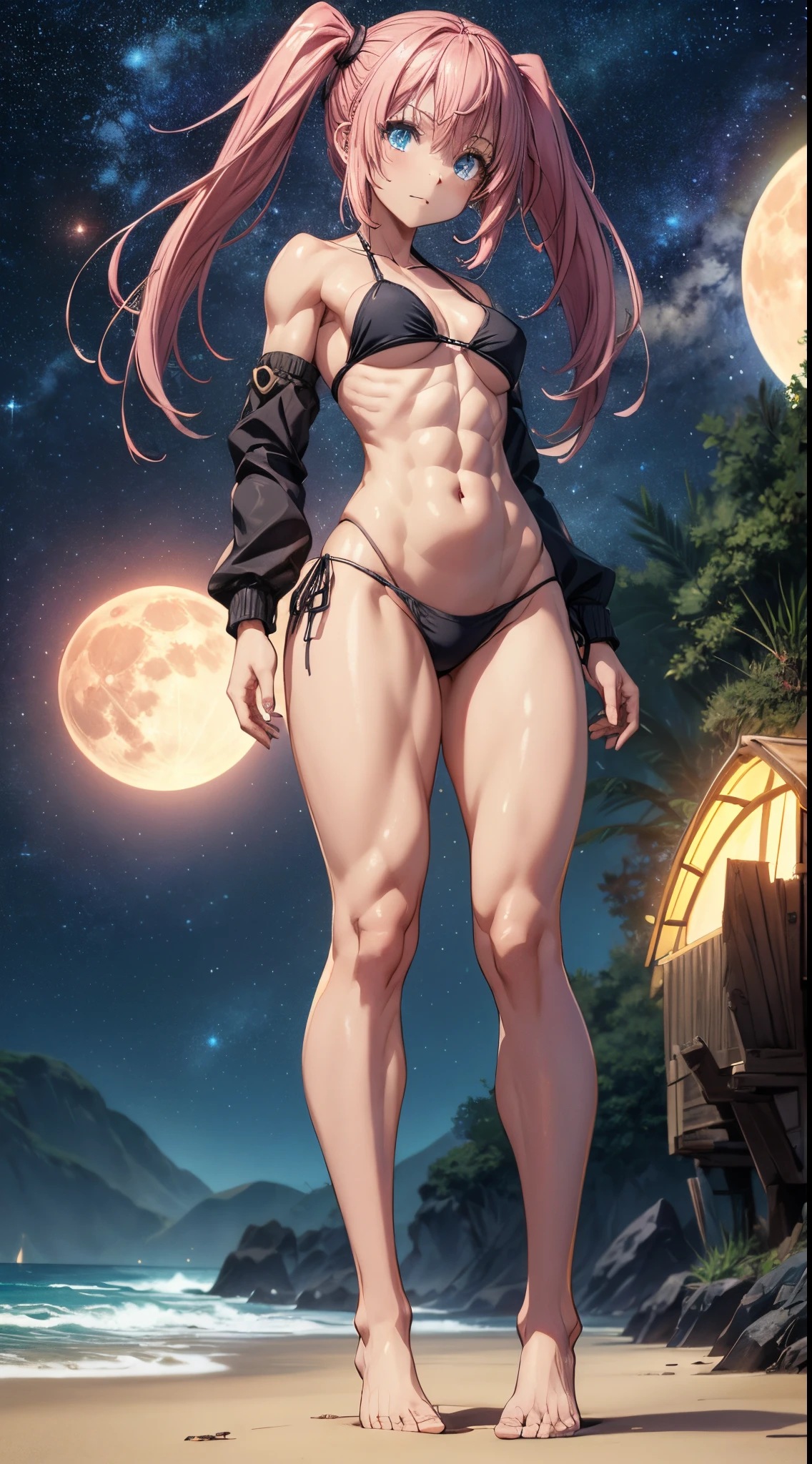 1 girl, (medium breasts))), (((wearing short bikini))), (long pink hair), (((blue eyes))), (on the beach at night with starry sky and full blood moon), (slim waist), (thin muscular legs), muscular belly, bare feet, (((facing me))), (full body photo), Double tails, long eyes, Eye reflex, bad mood, anime, anime style, ray tracing, shine, drop shadow, panorama, Sony FE, 8k, UDisk, piece of master, precise, anatomically correct, Super Detail, best quality, ultra high-resolution, Hard disk, 16k