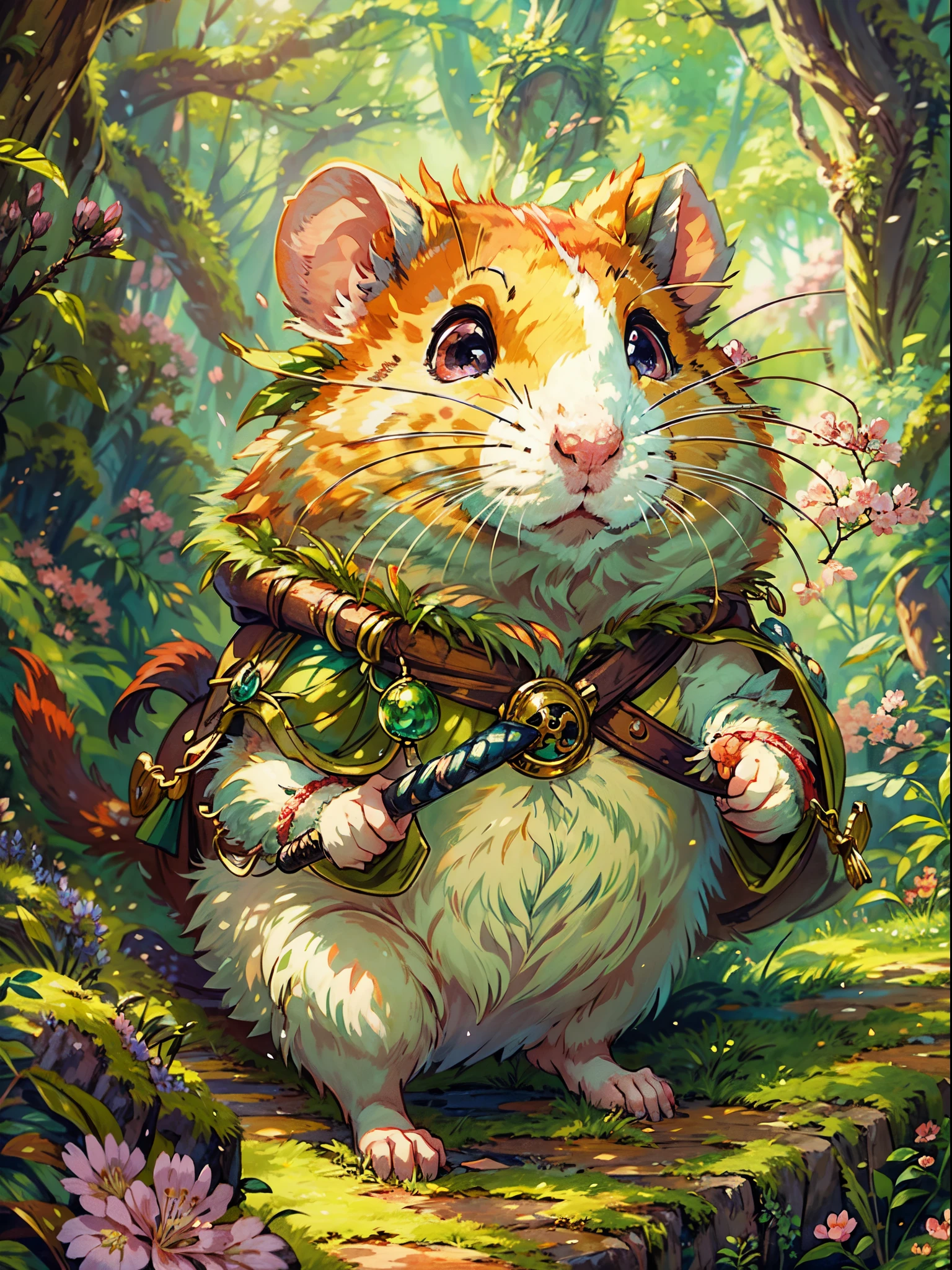 (best quality,4k,8k,highres,masterpiece:1.2),ultra-detailed,(realistic,photorealistic,photo-realistic:1.37),hamster dressed as an adventurer,Europe style adventurer,brave and curious hamster,furry animal with a sense of adventure,small and fluffy explorer,fearless and determined little creature,mischievous and cute adventurer,sporting a mini hat and cape,a tiny backpack filled with exploration essentials,paws wrapped in tiny boots with buckles,goggles on the eyes for extra adventurer style,wielding a mini sword or a walking stick for added charm,standing against a backdrop of diverse European scenery,medieval castles towering in the background,lush green forests with winding paths and hidden treasures,rolling hills and picturesque valleys stretching into the distance,medieval villages bustling with activity,a sense of history and mystery in the air,the hamster's eyes filled with curiosity and wonder,seeking new discoveries and hidden wonders,colors of the painting reminiscent of vintage European postcards,warm and rich color palette for a cozy and inviting atmosphere,enchanting rays of sunlight casting a golden glow on the surroundings,dappled sunlight filtering through the trees,capturing the magic of an enchanted European adventure.