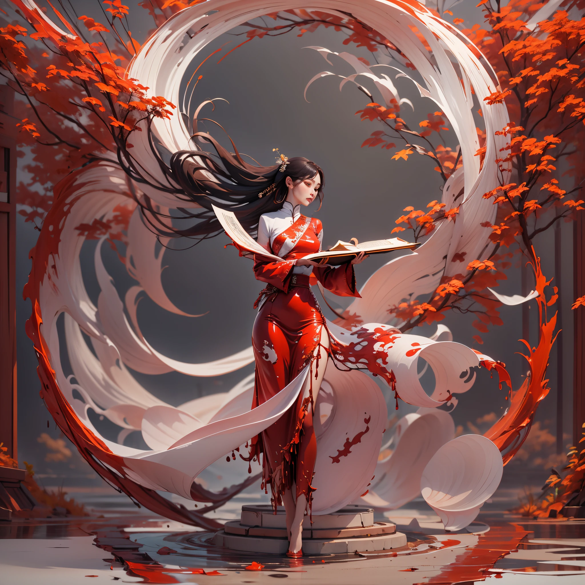 Embracing ancient artistry and modern technology, I find harmony in mystic mechanisms and calligraphy-inspired aesthetics. A gorgeous girl Standing on a ring of paper holding a book (((facing the viewer))), wearing a red dress (((flowing in the wind))), pages of paper fly around the scene transcending time and space. Inspired by the works of Gu Hongzhong and Qian Xuan, this ethereal scene, rendered in Cinema4D, carries a serene essence in its light white palette and matte painting techniques.