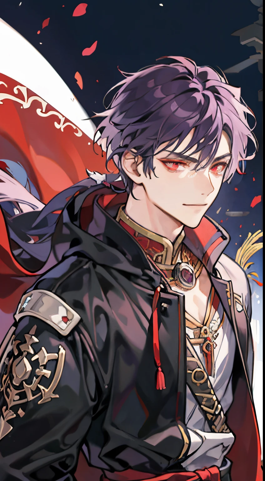 A man, solo, tample background, cloak, sword in waist, purple hair, red eyes, badass, smirk, gantle