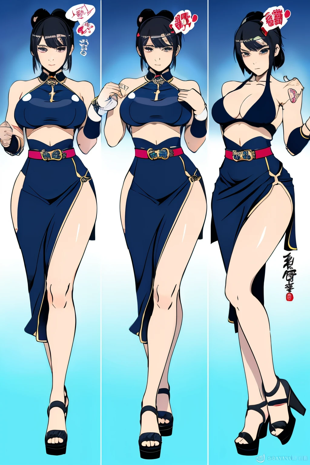 ((masterpiece)),(((best quality))),((character design sheet)), Drawing of street fighter Chun Li, dressed in (dark blue Chinese dress outfit ) , ((Beautiful and aesthetic)), muscular fit body abs, Sexy, under-boobs, Hot, (Cream gradient background), giant tits, huge breasts