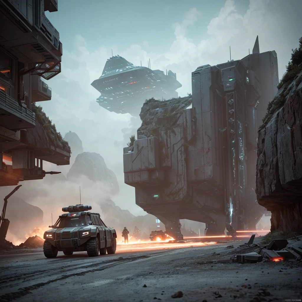 A realistic photo of a futuristic sci fi styled spaceship. It's Loading troops and military vehicles on an alien planet. Troops below are guarding the landing zone. The spaceship is very sophisticated, highly detailed and realistic, Very detailed and accurate. Very large and powerful. , 3d render, cinematic, photo realistic, 32K resolution ultra HD, hyper realistic, cinematic lighting, cinematic colors, volumetric lightings, octane render, unreal engine 5.3.
