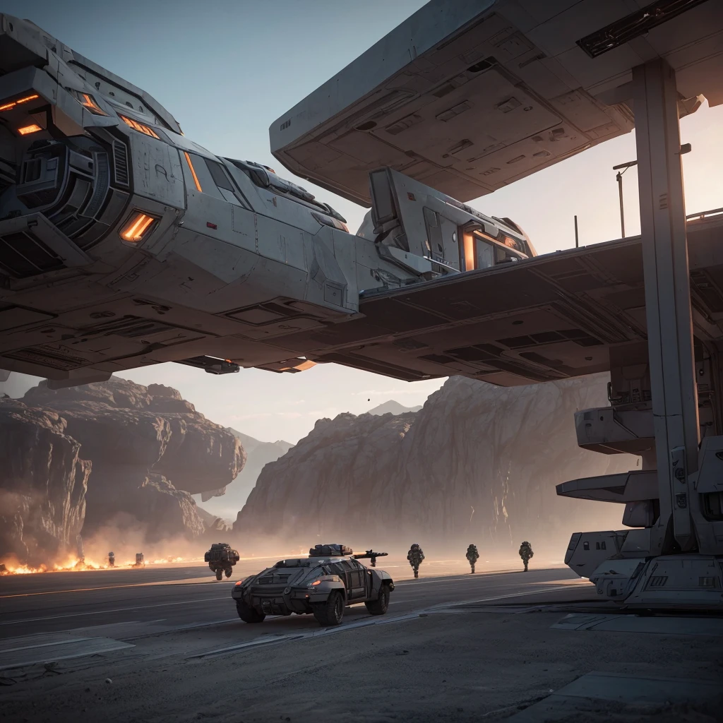 A realistic photo of a futuristic sci fi styled spaceship. It's Loading troops and military vehicles on an alien planet. Troops below are guarding the landing zone. The spaceship is very sophisticated, highly detailed and realistic, Very detailed and accurate. Very large and powerful. , 3d render, cinematic, photo realistic, 32K resolution ultra HD, hyper realistic, cinematic lighting, cinematic colors, volumetric lightings, octane render, unreal engine 5.3.