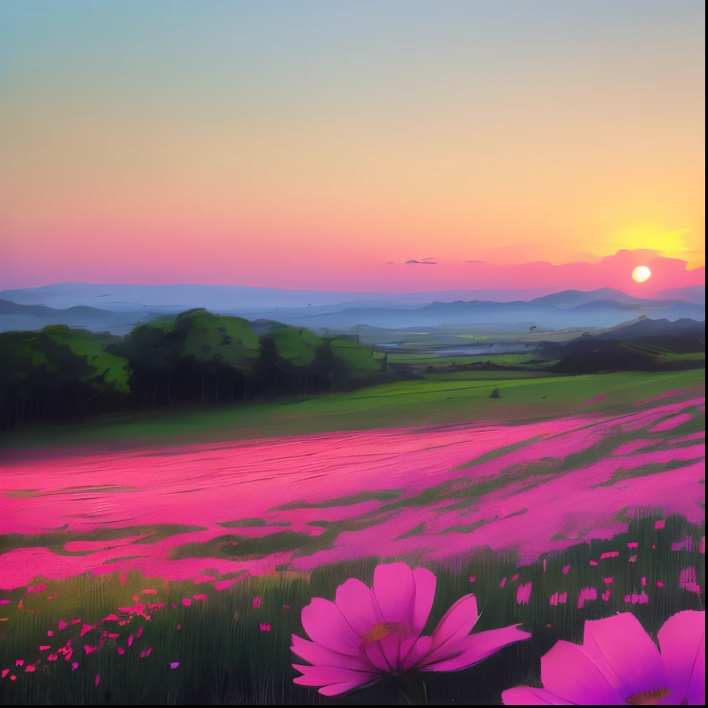 Montanha com flores e sol nuvens