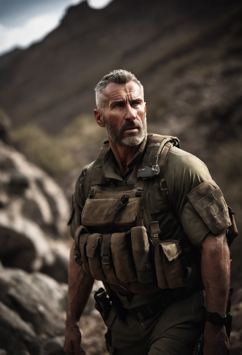 An image of SGT Johnny 'Soap' MacTavish leading a mountaineering expedition with his team, navigating through rocky terrain and overcoming challenges.,Call of Duty: Modern Warfare series,SGT Johnny "Soap" MacTavish is famously portrayed by Neil Ellice, with blue eyes, a short buzzcut Mohawk haircut (Widows peak hairline), and a short beard. His jawline is defined, and his ears are a bit smaller than the average human male. , male