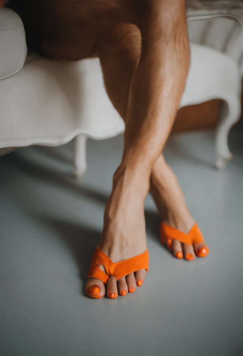The image is a close-up of a pair of feet with freshly painted orange toenails and a seductive pose,original,Club foot. Mid length hair. Pale. Crazy eyes. White man. Brown hair. Thin. , male