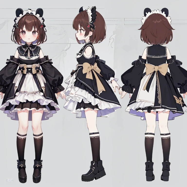 Chara Sheet,character reference sheet, 1 girl, CharacterDesignSheet, ((front-facing view, from side view)) symmetrical elements in clothing, Clothes simulation detection similar to CLO, Awesome designer, full body Esbian,8K分辨率, Ultra HD image output,angelicales,red brown hair,sano,Watercolor style,black goth lolita,Black headdress,dark circles under eyes
