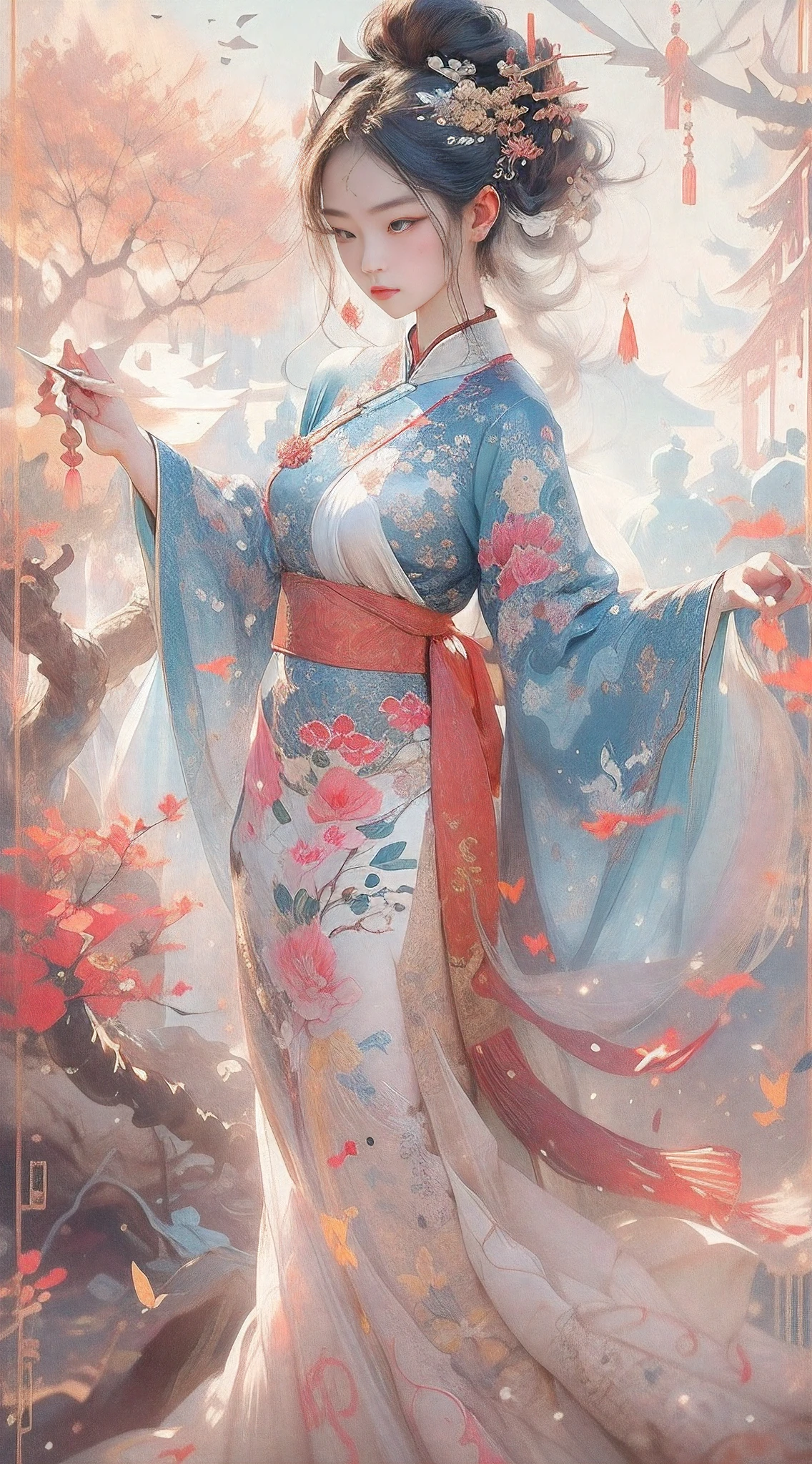 Ultra-detailed portraits, Chinese traditional goddess, beautidful eyes, Intricate hair accessories, Flowing silk dress, Slender hands and fingers, Pose gracefully, Peaceful garden background, gentlesoftlighting, vibrant with colors, meticuloso, Oil painting texture, (Best quality, A high resolution), Chinese calligraphy aesthetics, old charm, Elegant and calm expression.