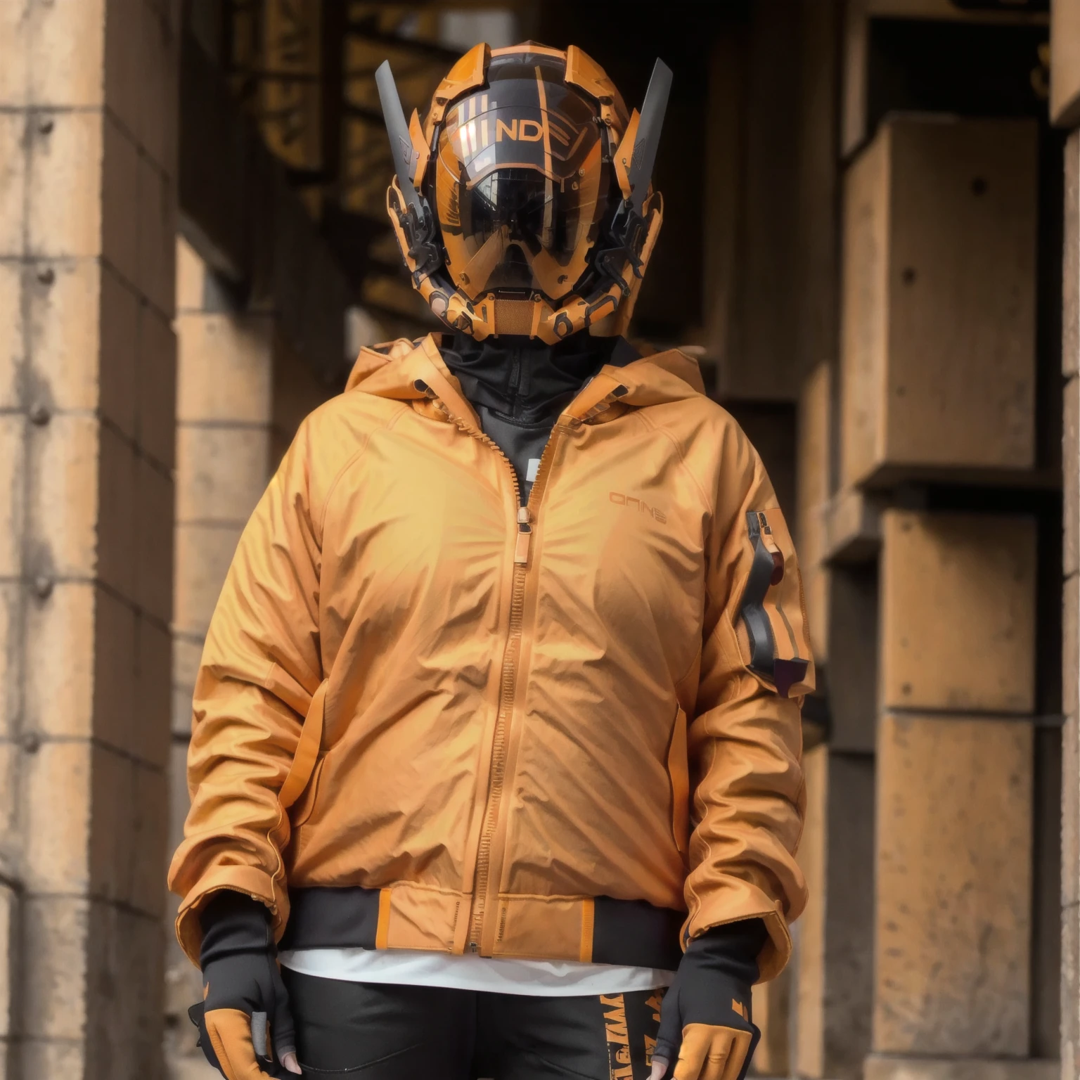 (original: 1.2), masterpiece, best quality, a woman with a fantastic cyberhelmet, wearing a orange techwear jacket, on the street