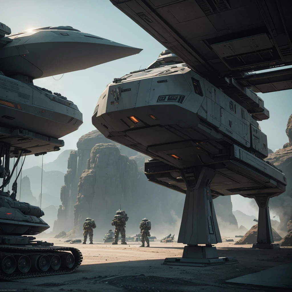 A realistic photo of a futuristic sci fi styled spaceship. It's Loading troops and military vehicles on an alien planet. Troops below are guarding the landing zone. The spaceship is very sophisticated, highly detailed and realistic, Very detailed and accurate. Very large and powerful. , 3d render, cinematic, photo realistic, 32K resolution ultra HD, hyper realistic, cinematic lighting, cinematic colors, volumetric lightings, octane render, unreal engine 5.3.