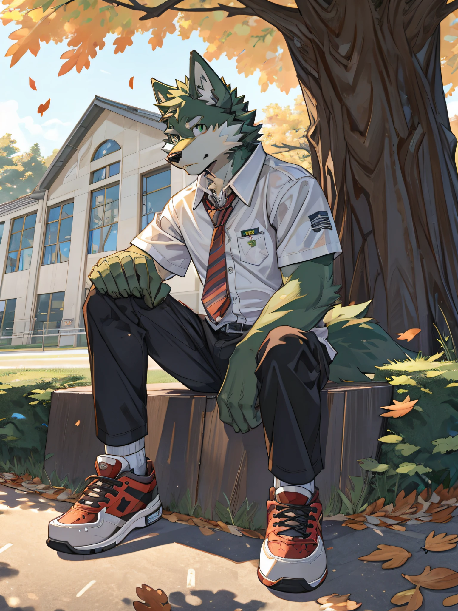 furry,bara,Shota,wolf,masculine,light green fur,Light Green,Wear a school shirt..,black pants,wear school shoes,Look straight ahead.,Sitting on a long chair under a tree,There were a few leaves that didn't fly away..,Behind is a school building..,Age not more than years