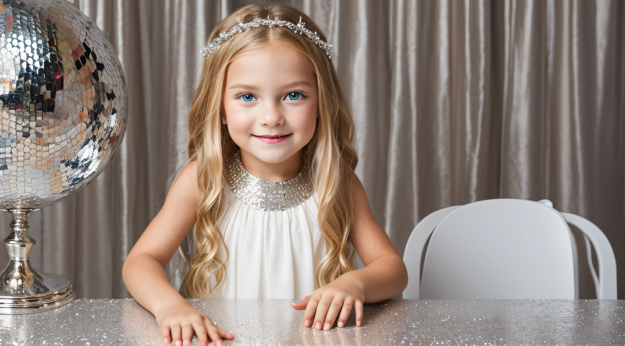 close-up CHILDREN BLONDE GIRL WITH LONG HAIR, em um vestido branco, sentado em uma mesa brilhante, usando um vestido prateado, vestido prateado extravagante, em um quarto branco, solo photo shoot, globo discoteca.