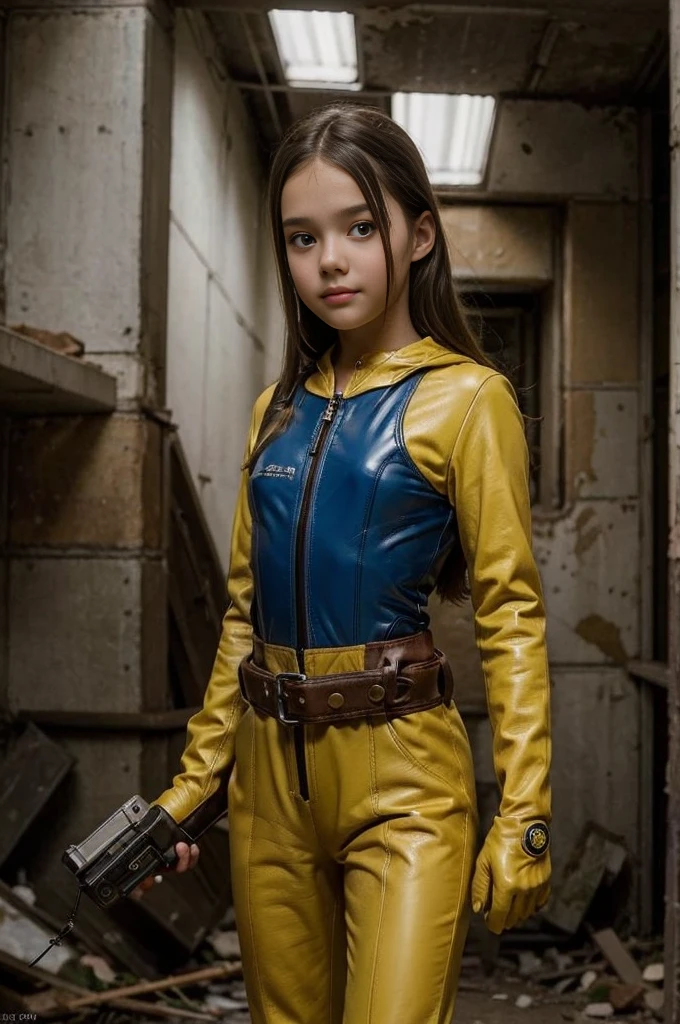 13 year old girl wearing (vaultsuit with pipboy3000 on wrist) standing in a ruined city, holding a large fallout weapon, giant slater fallout insect in background, professionally color graded, professional photography, well drawn, masterpiece, hyper realistic, ultra detailed, high quality, best quality, 4k, 8k, raw, detailed and realistic eyes, petite, ************, tweens, cute, ((****)) ((wearing long leather gloves))