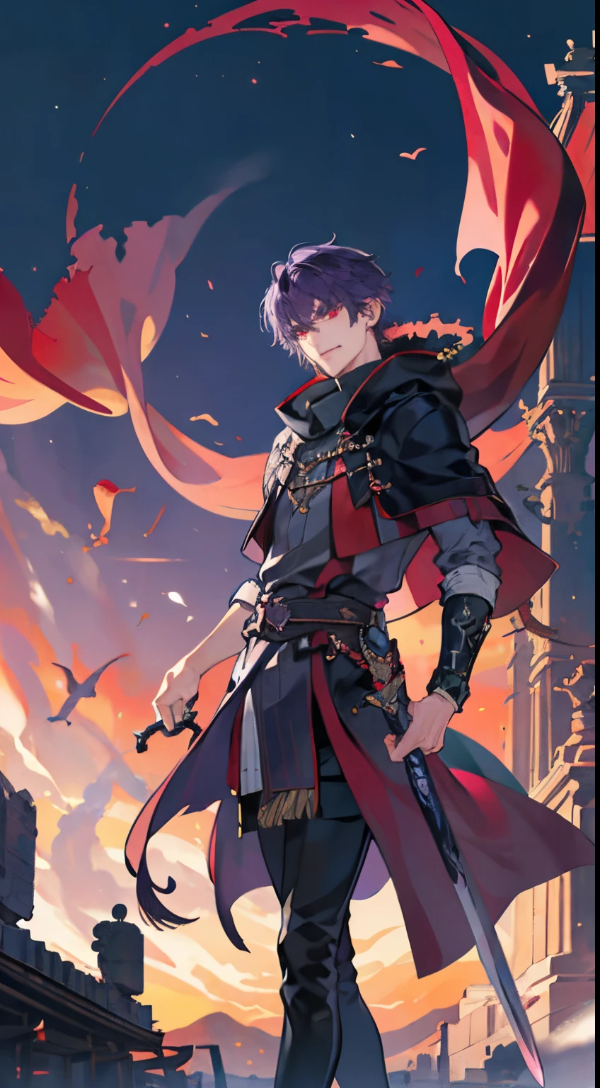 A man, solo, tample background, cloak, sword in waist, purple hair, red eyes, badass, smirk, gantle