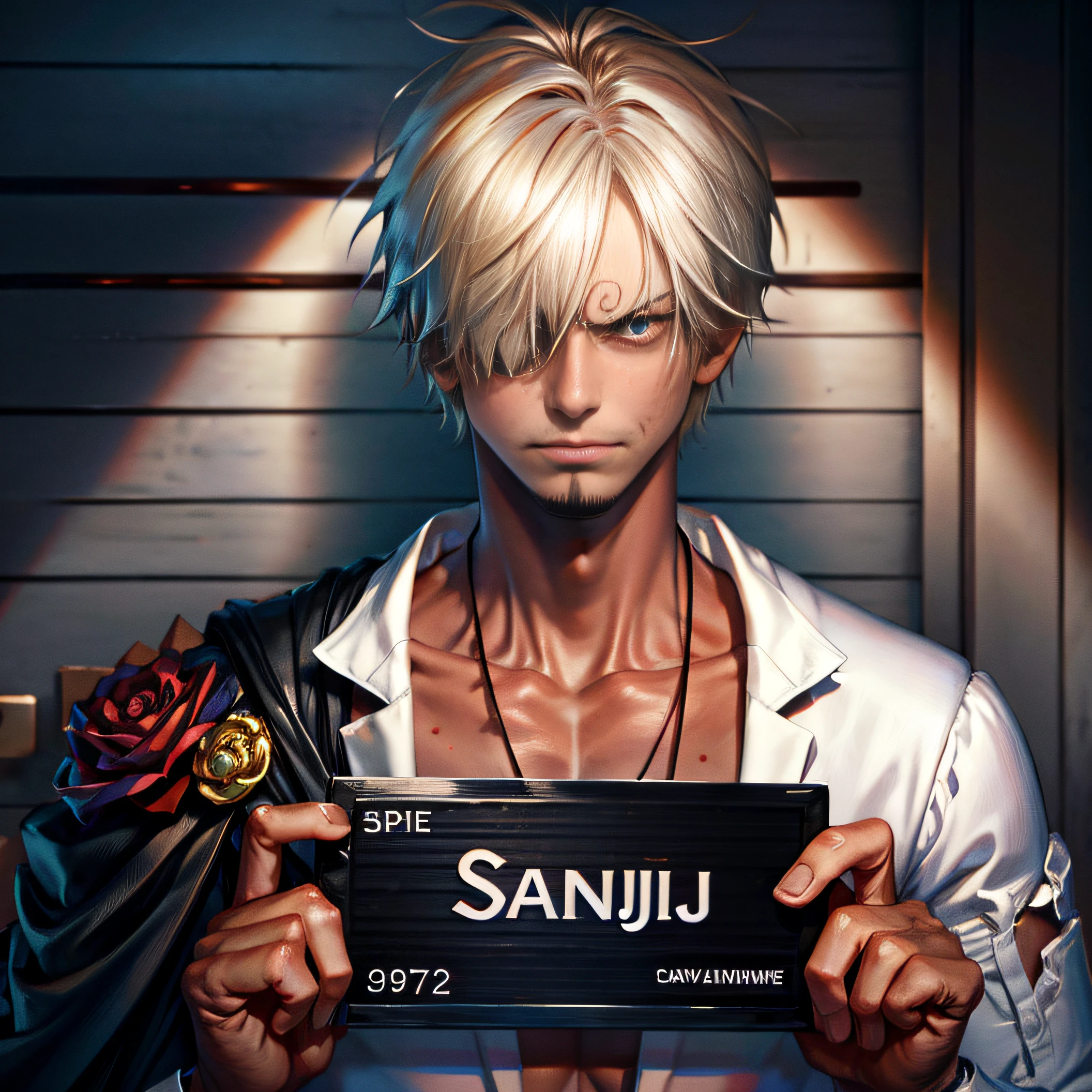 corpse, sinister, male, looking at the camera, ultra realistic, fully detailed, cemetery environment, bright eyes, white dress torn and stained with blood, bones exposed, putrid wounds, sensual, terrifying, bruised by the body, exposed fracture in the collarbone, slight smile, super detailed, white eyes,gun shots in the body, Vinsmoke Sanji, Clear eyes,