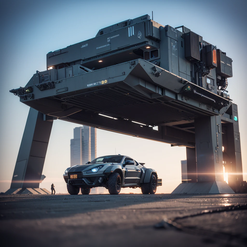 A realistic photo of a futuristic sci fi styled spaceship. It's Loading troops and military vehicles on an alien planet. Troops below are guarding the landing zone. The spaceship is very sophisticated, highly detailed and realistic, Very detailed and accurate. Very large and powerful. , 3d render, cinematic, photo realistic, 32K resolution ultra HD, hyper realistic, cinematic lighting, cinematic colors, volumetric lightings, octane render, unreal engine 5.3.