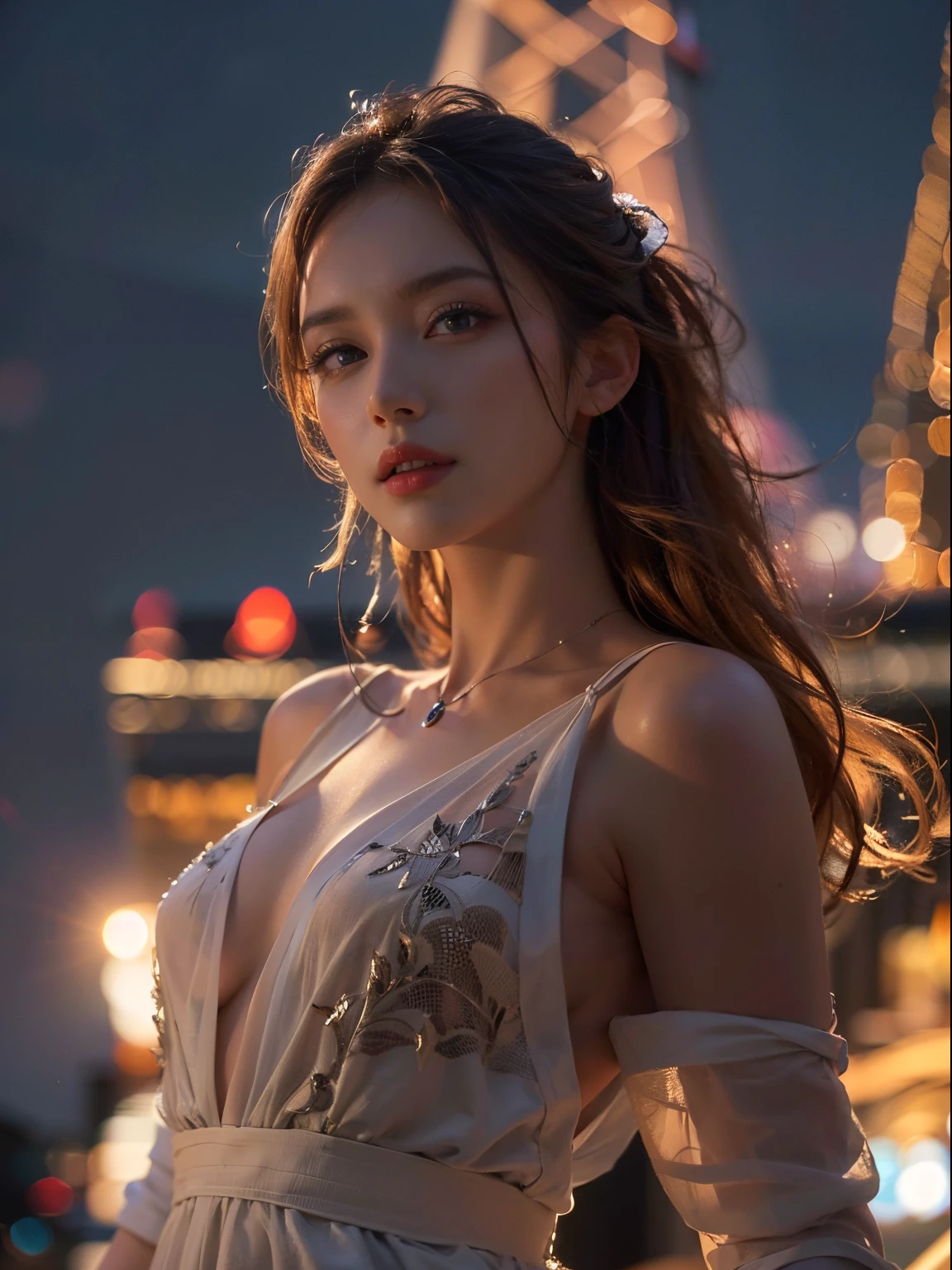 (8k, RAW, professional, best quality, masterpiece:1.2), (realistic, photorealistic:1.4), (anamorphic lens), (lens flare), (long exposure), (highest detailed skin:1.2), (highest detailed face:1.2), cinematic lighting, 1girl, standing on Eiffel tower, wearing flat white dress, night time, warm white light, (windy), look at the camera