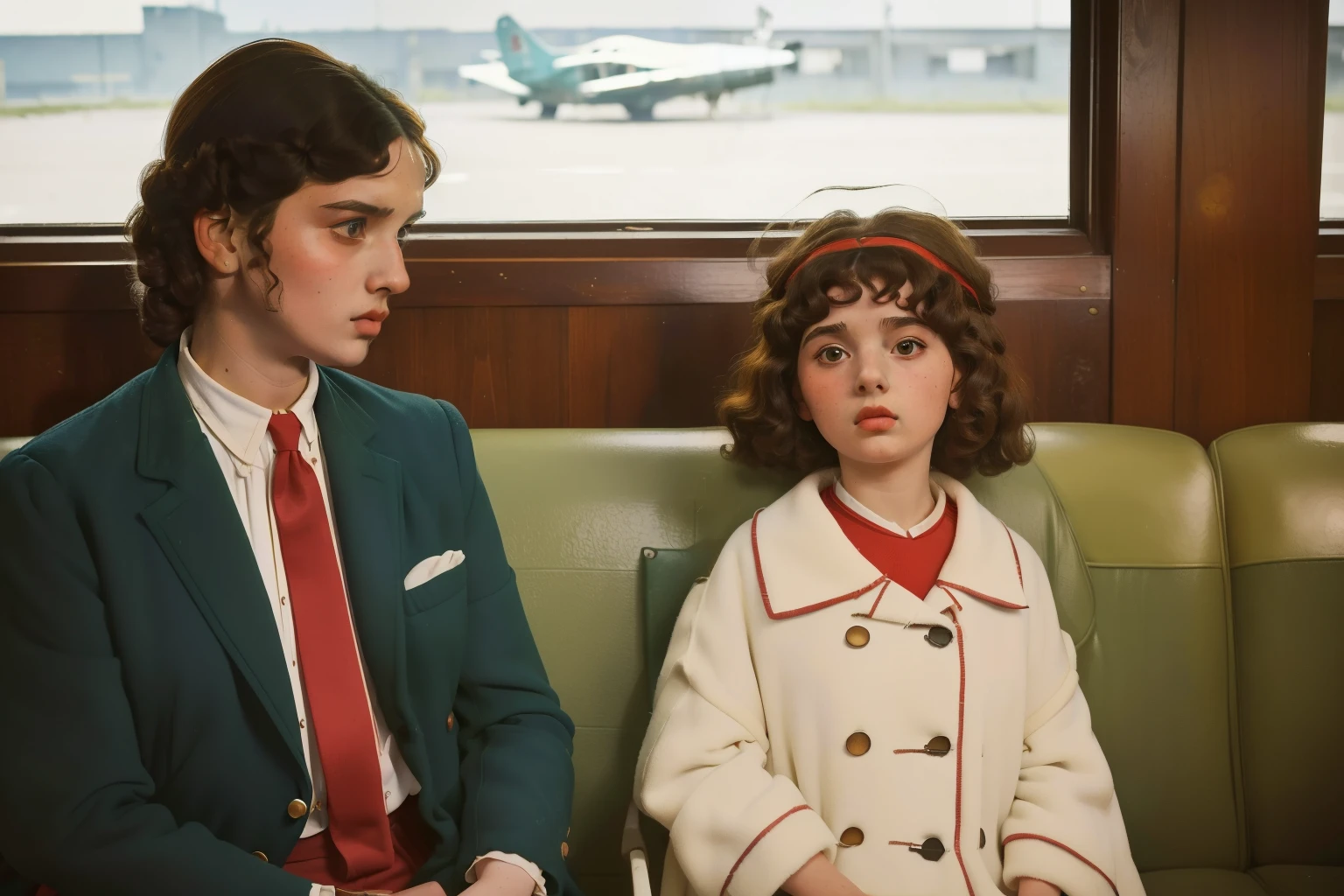 1965, Italy. Pre-raphaelite ((((-yeld)) o)), homeless girl, messy short curly hair, oversized coat, ((((big and unkempt Clothing from the 1960s)))), ((curly Hairstyle of the 1960s)), ((Wes Anderson cinematic style)), colorful