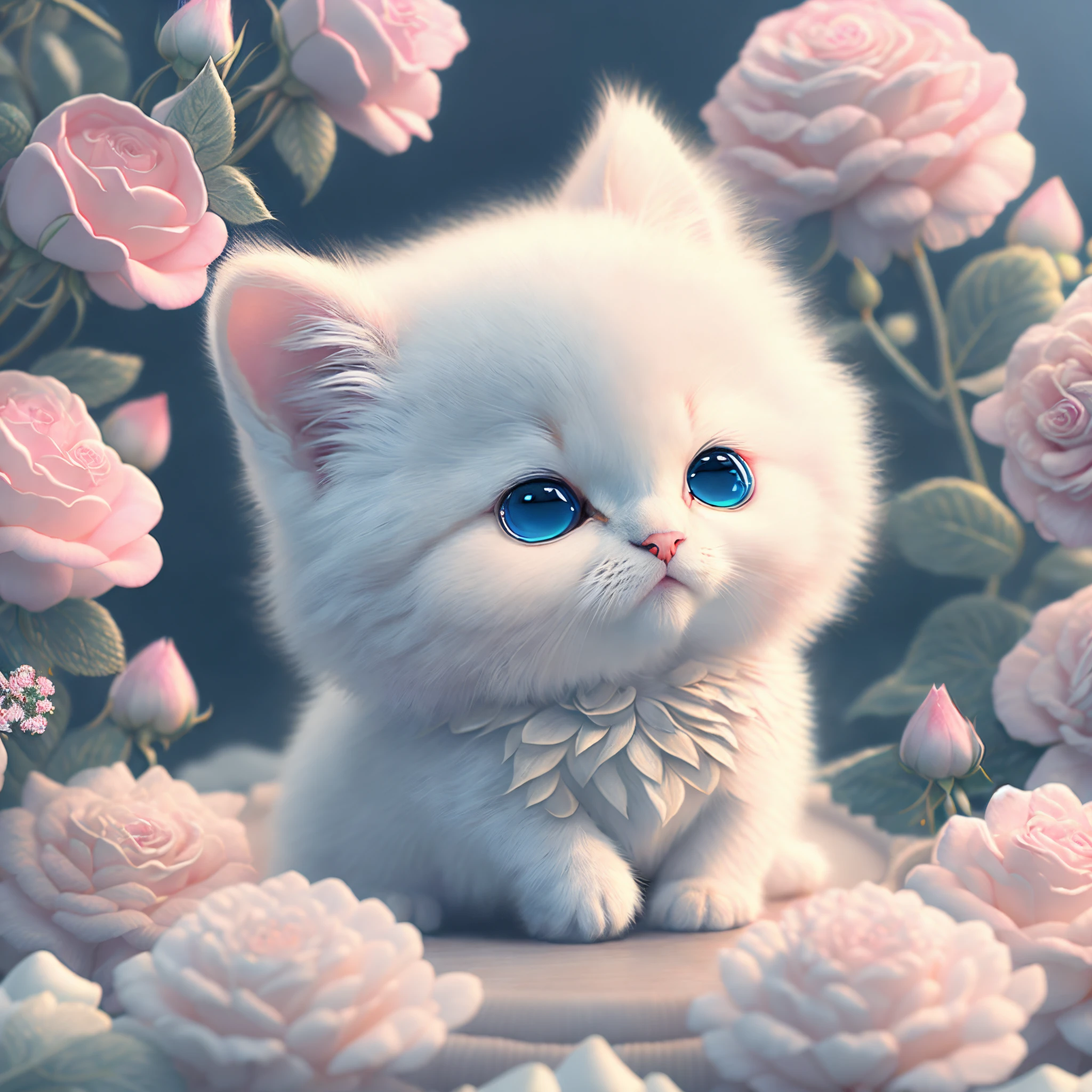 In this ultra-detailed CG art, the adorable kitten surrounded by ethereal roses, best quality, high resolution, intricate details, fantasy, cute animals