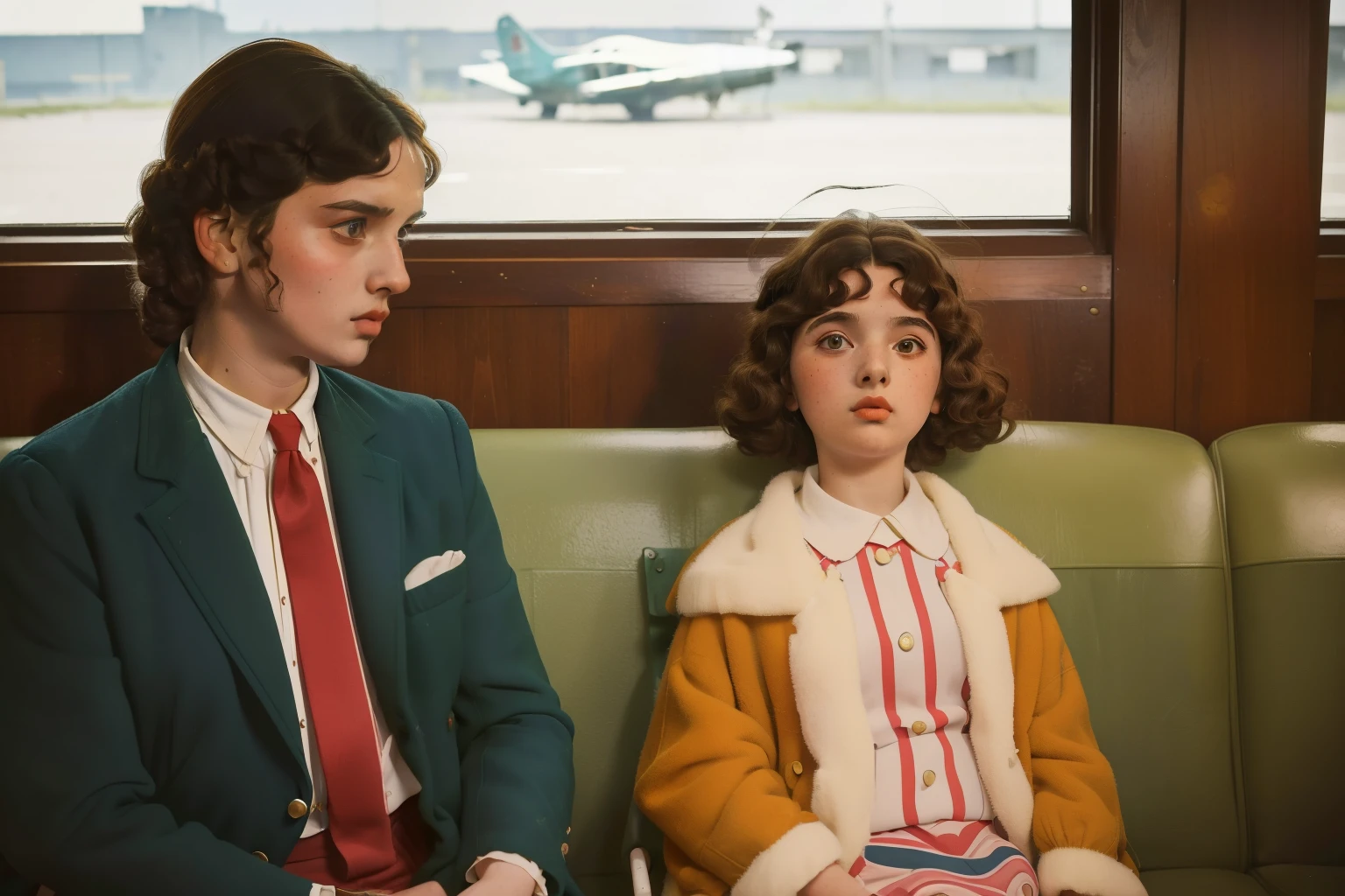 1965, Italy. Pre-raphaelite ((((-yeld)) o)), homeless girl, messy short curly hair, oversized coat, ((((big and unkempt Clothing from the 1960s)))), ((curly Hairstyle of the 1960s)), ((Wes Anderson cinematic style)), colorful