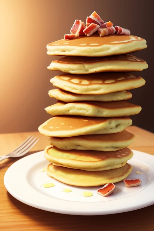 A realistic painting of a stack of pancakes, bacon, eggs with complementary colors.