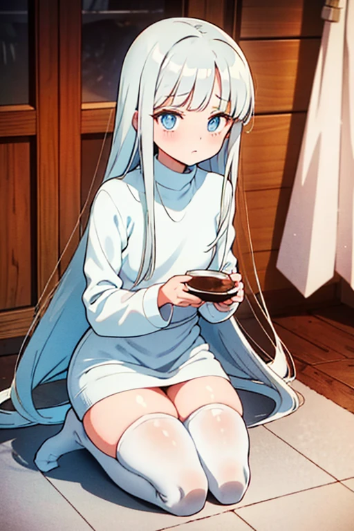 Young, slim, and very petite woman with long silver hair, bangs across her forehead, bright blue eyes, and a threatening gaze. She is wearing a white turtleneck wool sweater, a mini skirt, and white stockings with a shoe, sitting on a wooden chair in a well-lit kitchen while sipping a cup of coffee.