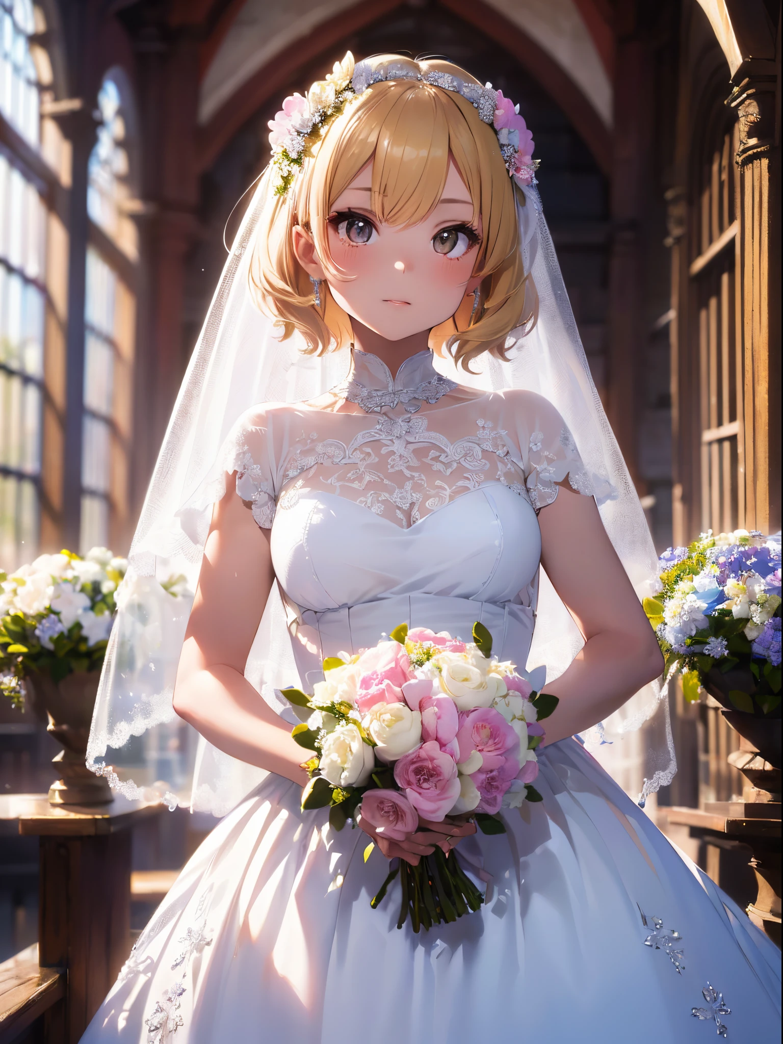 (Best Picture Quality, 4K, High Quality, Masterpiece:1.2), ((Masterpiece)), High Detail, High Quality, (HDR,16k, RAW Beautiful Girl Portrait, Best Picture Quality, Masterpiece:1.2), (Ultra-Definition Illustration), extremely beautiful, blond wavy short hair, round face, (Petite girl:1.1), church, flower petal, audience, beautiful light, gorgeous wedding dress, wedding veil, holding bouquet
