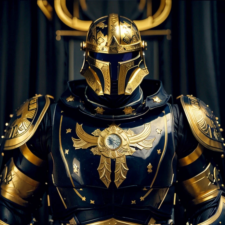 Horned helmet, dark blue armour and gold, muscular, large soldier