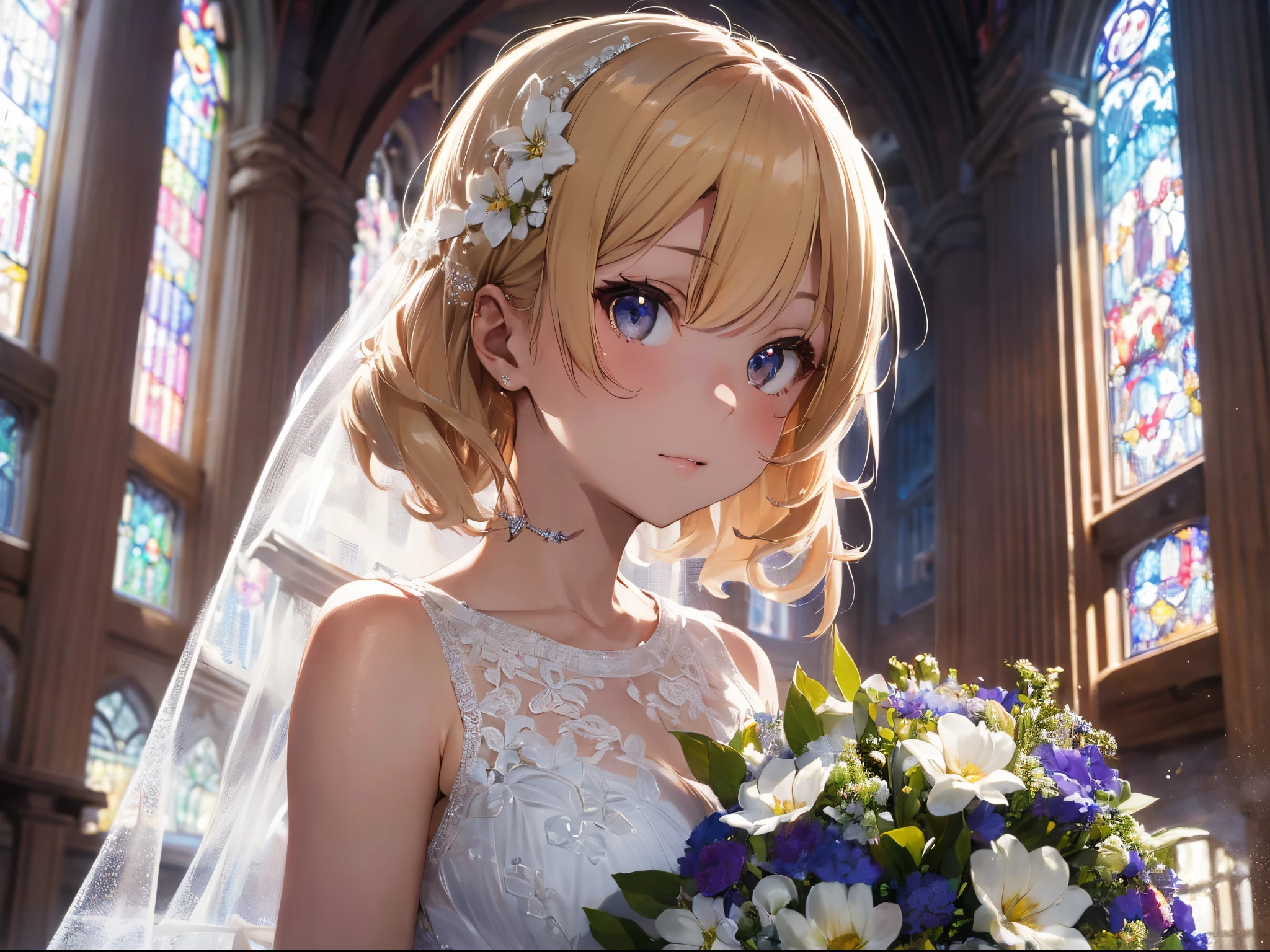 (Best Picture Quality, 4K, High Quality, Masterpiece:1.2), ((Masterpiece)), High Detail, High Quality, (HDR,16k, RAW Beautiful Girl Portrait, Best Picture Quality, Masterpiece:1.2), (Ultra-Definition Illustration), 4girls, extremely beautiful, blond wavy short hair, round face, (Petite girl:1.1), church, flower petal, audience, beautiful light, gorgeous wedding dress, sleeveless, wedding veil, holding bouquet,