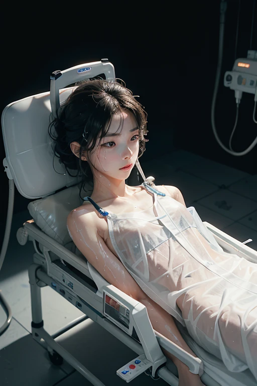 In the dark operating room,girl(Lie on a stretcher),(General paralysis),The whole body is in the picture,body white and flawless,(Wet translucent)Common,((medical instruments)),(ECG monitoring),during surgery,