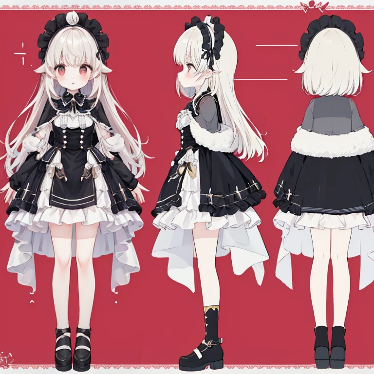 Chara Sheet,character reference sheet, 1 girl, CharacterDesignSheet, ((front-facing view, from side view)) symmetrical elements in clothing, Clothes simulation detection similar to CLO, Awesome designer, full body Esbian,8K分辨率, Ultra HD image output,angelicales,brown and red gradient hair,Watercolor style,Black Goth ta,Black headdress,Lack of sleep,Wrinkles under the eyes