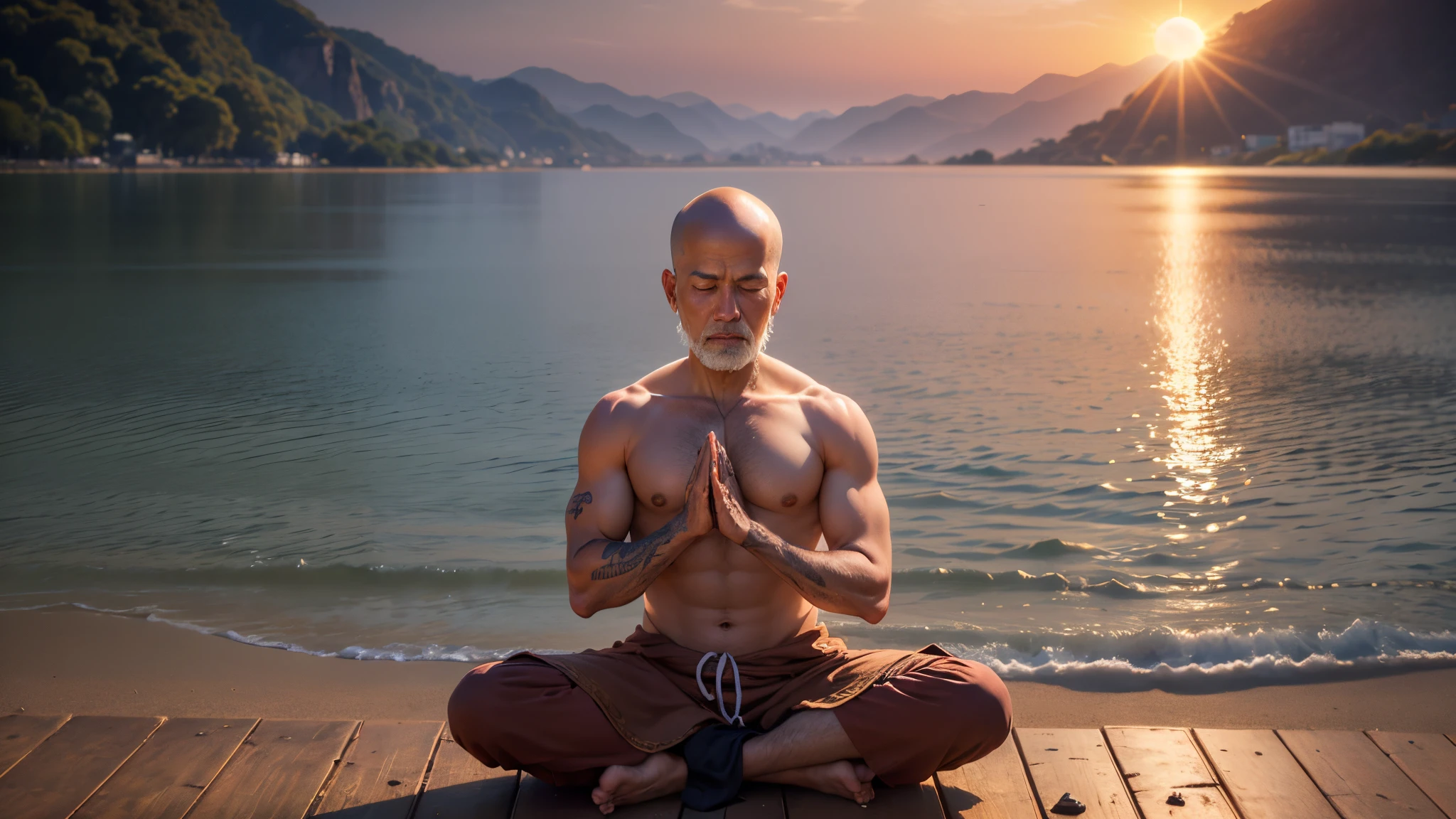 A full-fledged monk sits in a meditative position, Behold the beautiful horizon as the sun sets, Man has a deep connection with God, The scenery is well detailed, Homem ultra realista, tudo de bom,it's beautiful, hiper qualidade. Realismo 8k --auto --s2