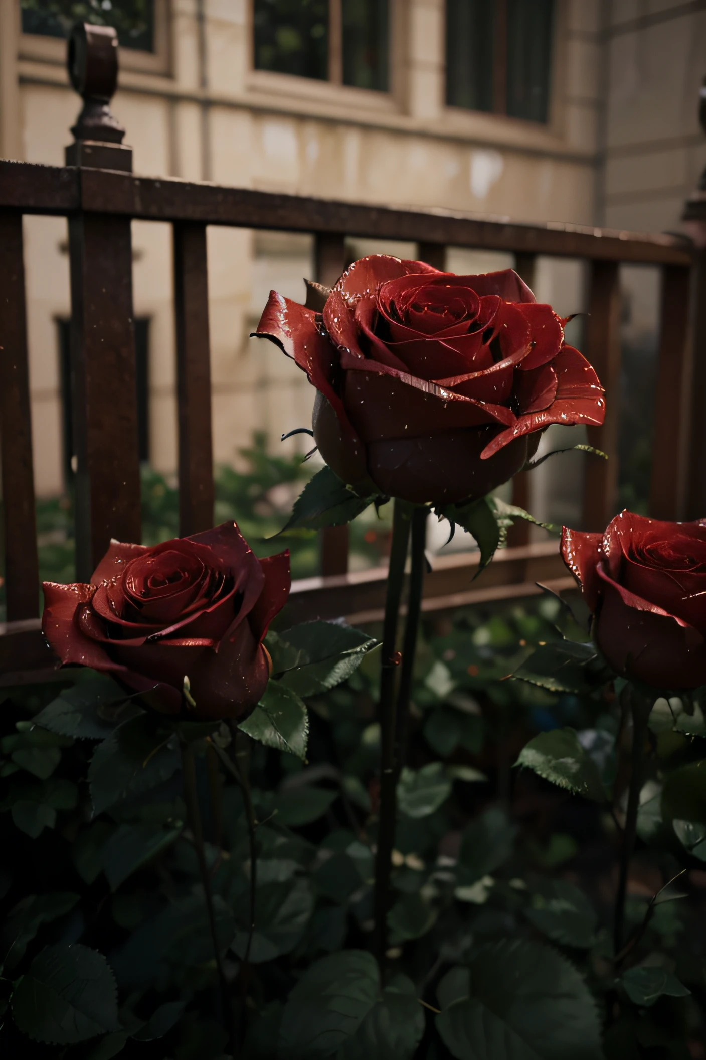 A very close image of multiple red roses, looking beautiful looking like the symbol of true love, in the afternoon in a rainy day, rendered in a captivating 3D style.
