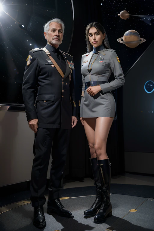 (science-fiction, Planet Medlana, solar system Luxor, Best Quality, 8K, Masterpiece :1.2) Gray-haired man, age 42 years, In Shape, Uniform of Colonel of the Air Force - Space Force Dinner Congress of Nations, long army boots 42