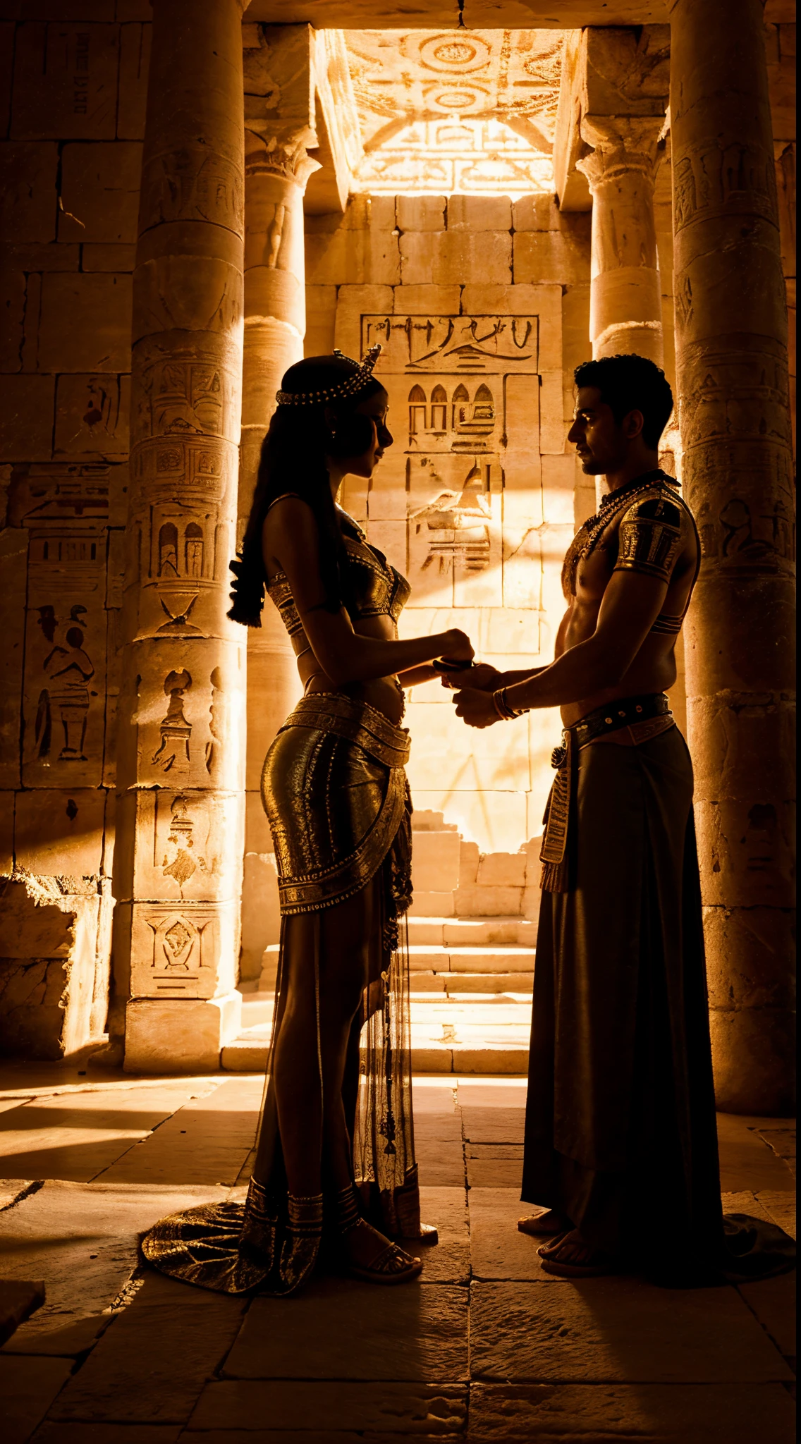 Portray Nefertari and Ramesses the Great exchanging vows in an opulent ancient Egyptian temple, bathed in the warm glow of sunset; intricate hieroglyphics adorn the walls, capturing the couple's blissful moment, Illustration, digital art