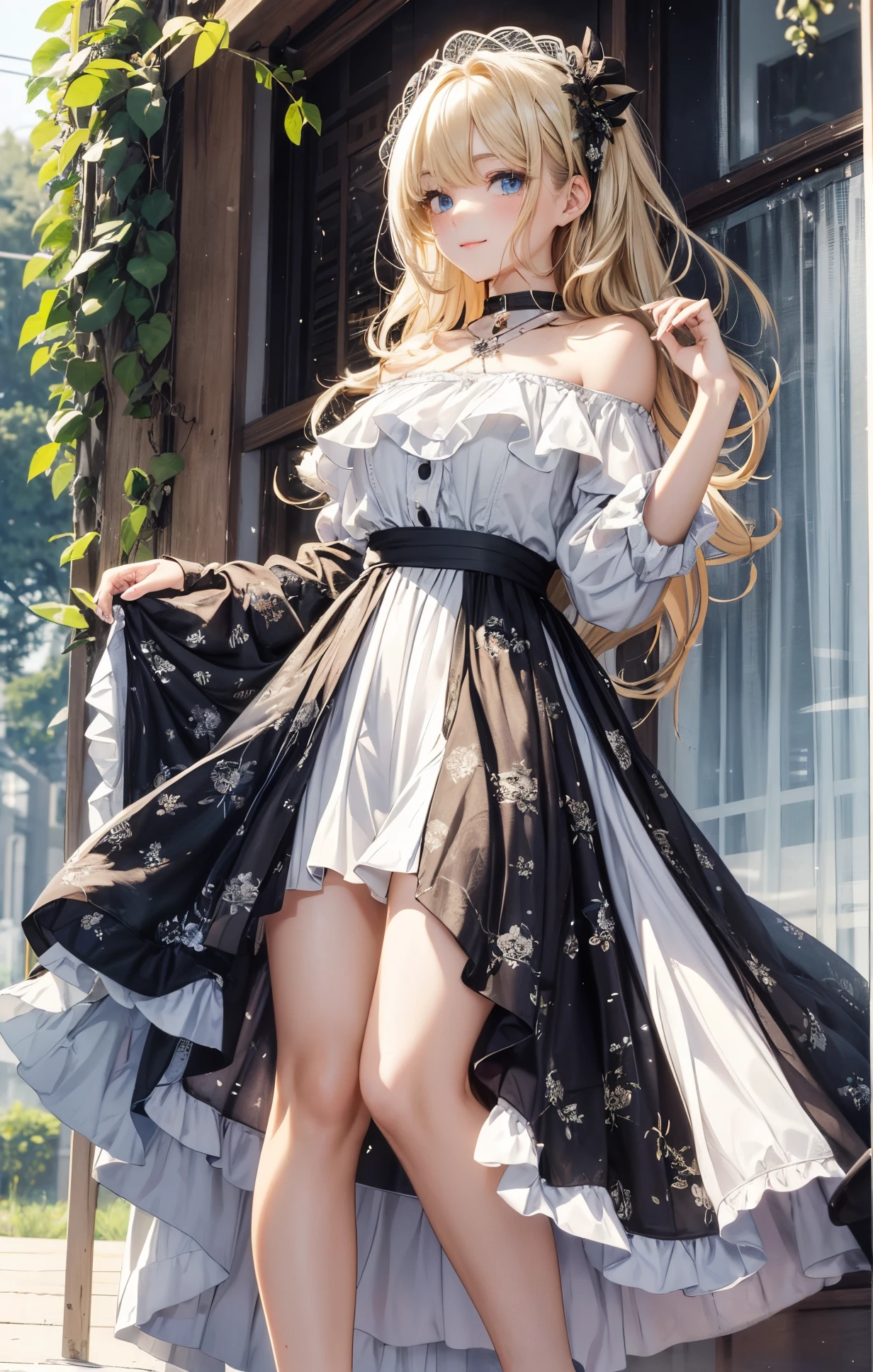 (masterpiece),(top-quality:1.2),1girl in,(masuter piece:1.3),exquisitedetails, Highest quality 8K resolution, Ultra-detailed, Realistic, Vibrant colors, Soft tones, With warm and gentle lighting,(Black Off-Shoulder Knit:1.3),(Long skirt in green,) (short twin-tailed blonde hair:1.3),(Hair parted in the middle:1.3),(Glowing hair),(Dark blue eyes:1.3),White skin, hair clips,Ever since I was a child, I was always looking at distant scenery., and I can still see the color,displayed on a pure white wall.i'I'll take you away with the cool breeze.very sweet honey.Let's grab this never-ending dream with both hands and start rolling away., Always for the sunrise, I want to melt into your sweetness, Sweet smile.fate grabs me,I'm in a daze, But it looks casual,That place is calling