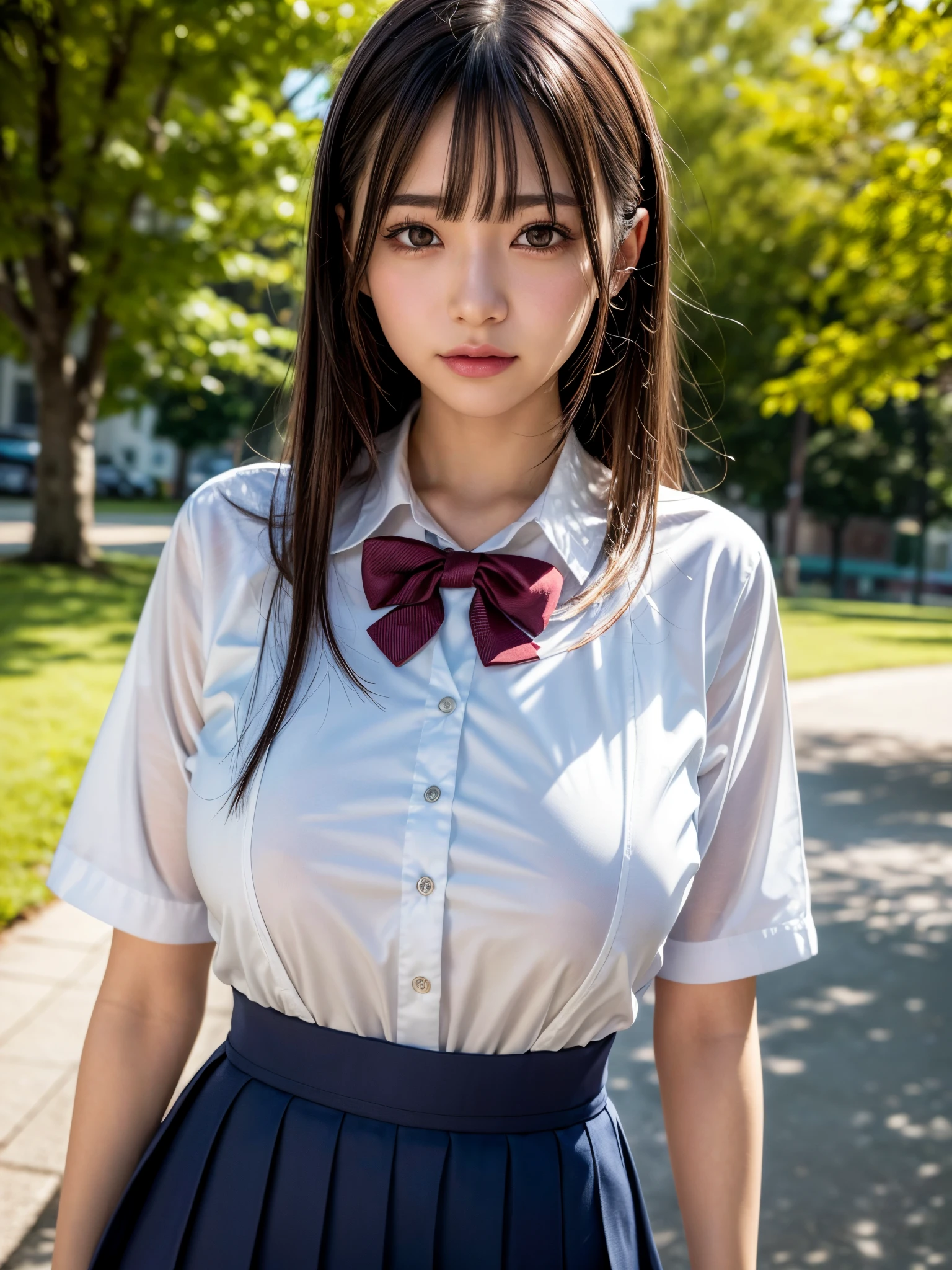 1girl, Amazing face and eyes, smile happily, (extremely detailed beautiful face), (School uniform, pleated mini skirt:1.3), (school uniform with wide open breasts:1.3), (naked_shirt:1.3), (Best Quality:1.4), (Ultra-detailed), (Ultra realistic, photo-realistic:1.37), beautiful fair skin, extremely detailed CG unified 8k wallpaper, raw photos, professional photograpy, cinematic lighting, walking, (strong wind), (her skirt flips in the wind:1.7), (panties:1.5), Outdoors, commuting to school, crosswalk, traffic lights, A refreshing morning, sunlight, (view from below:1.1)