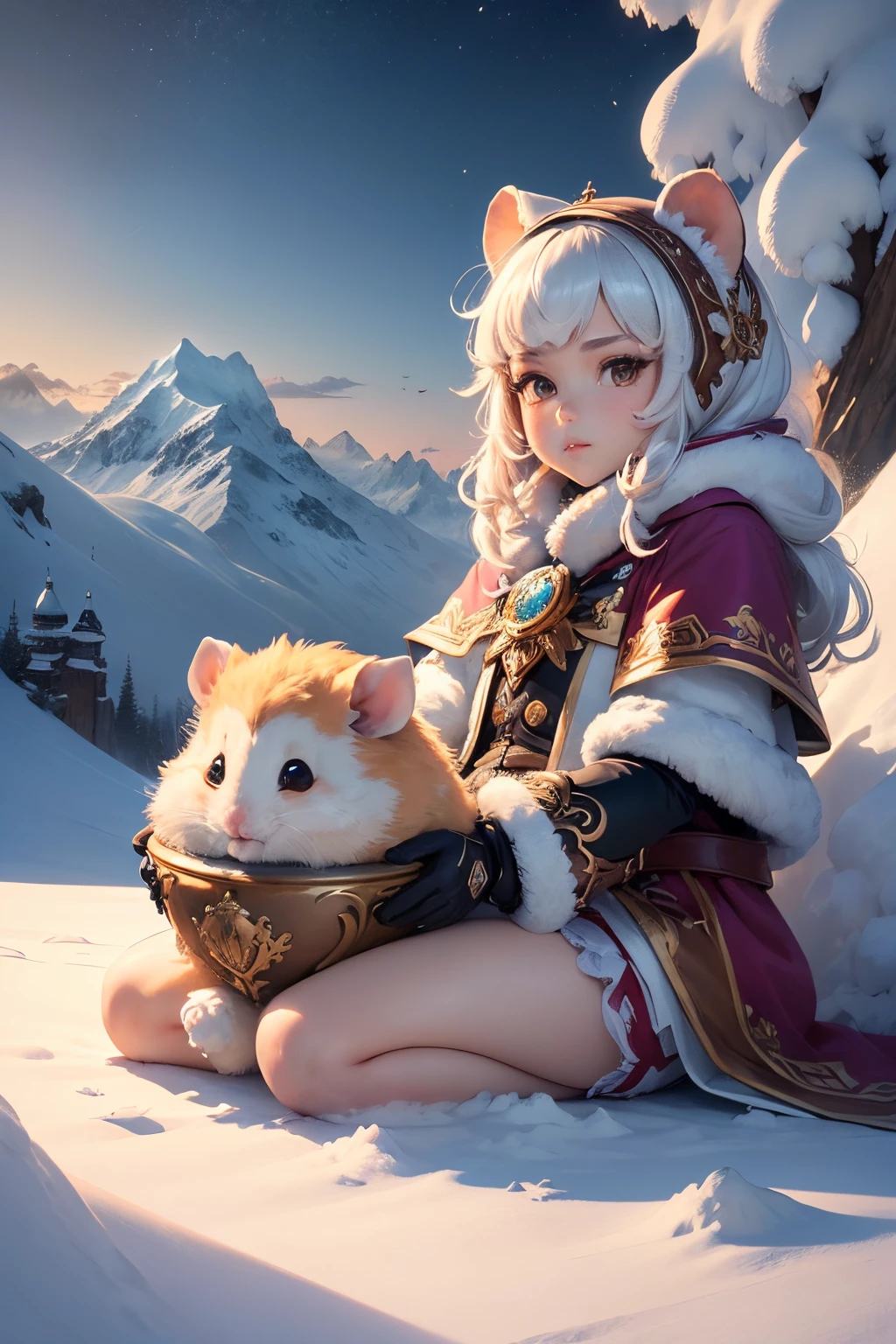 (((tmasterpiece, Best quality at best, k hd, high detal)))), Youn, ((fanciful)))), Hamster Adventurer,personification,High hills,snow mountains,adventuring